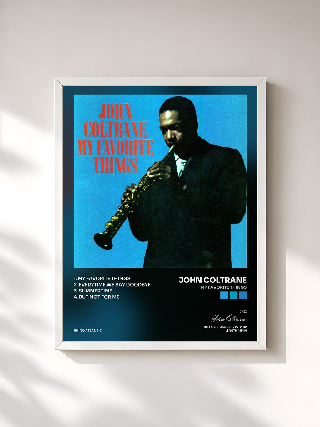 #blanc Tableau de l'album My Favorite Things de John Coltrane, cadre blanc, imprimé et encadré en France