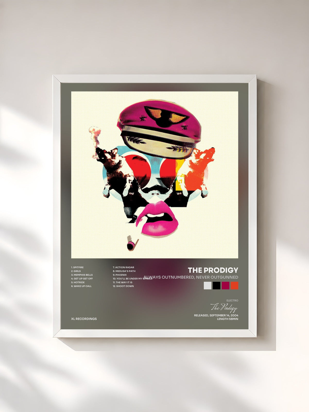 #blanc Tableau de l'album Always Outnumbered, Never Outgunned de The Prodigy, cadre blanc, imprimé et encadré en France