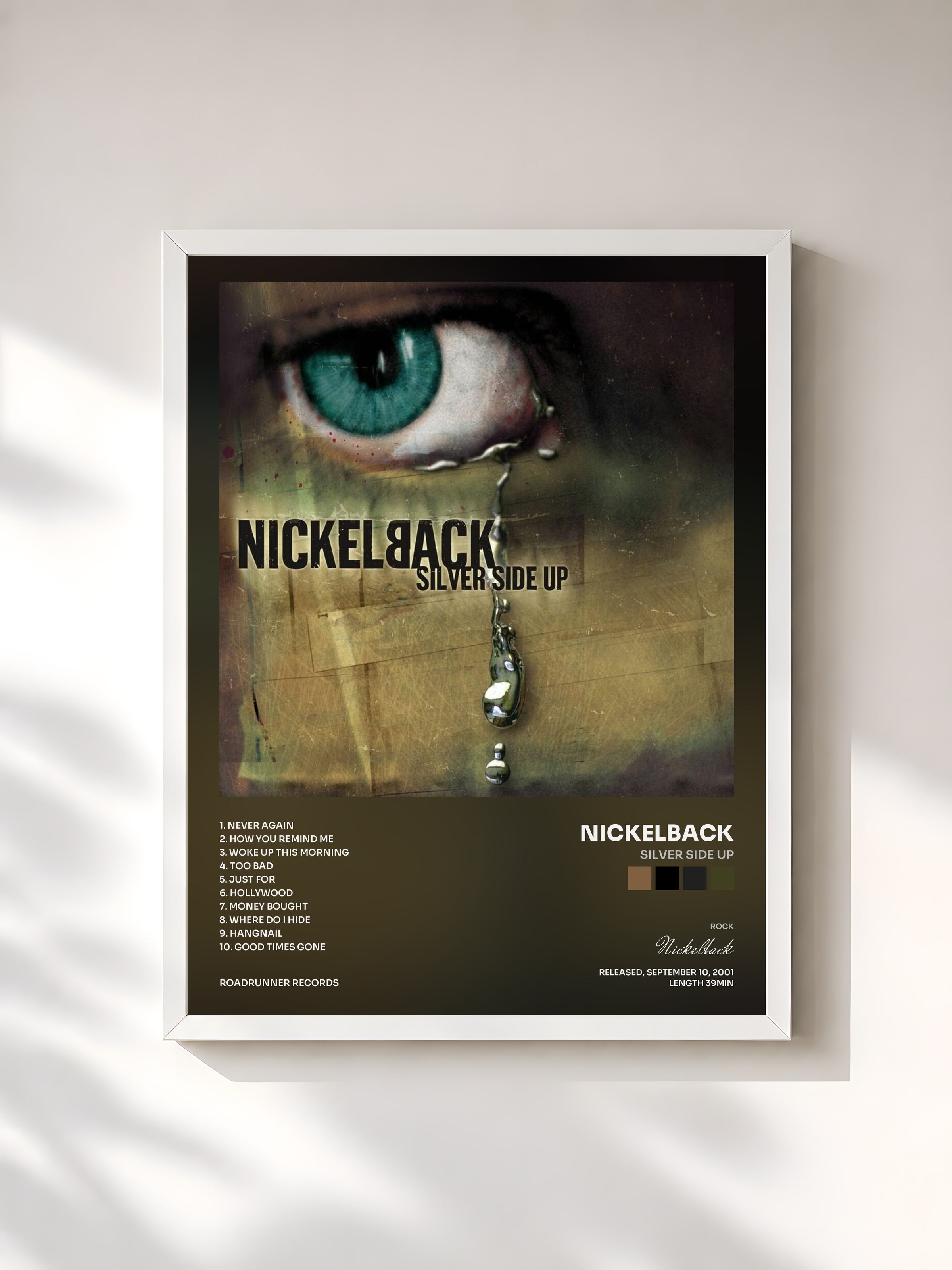 #blanc Silver Side Up de Nickelback en lámina enmarcada, marco blanco, impresa y enmarcada en Francia