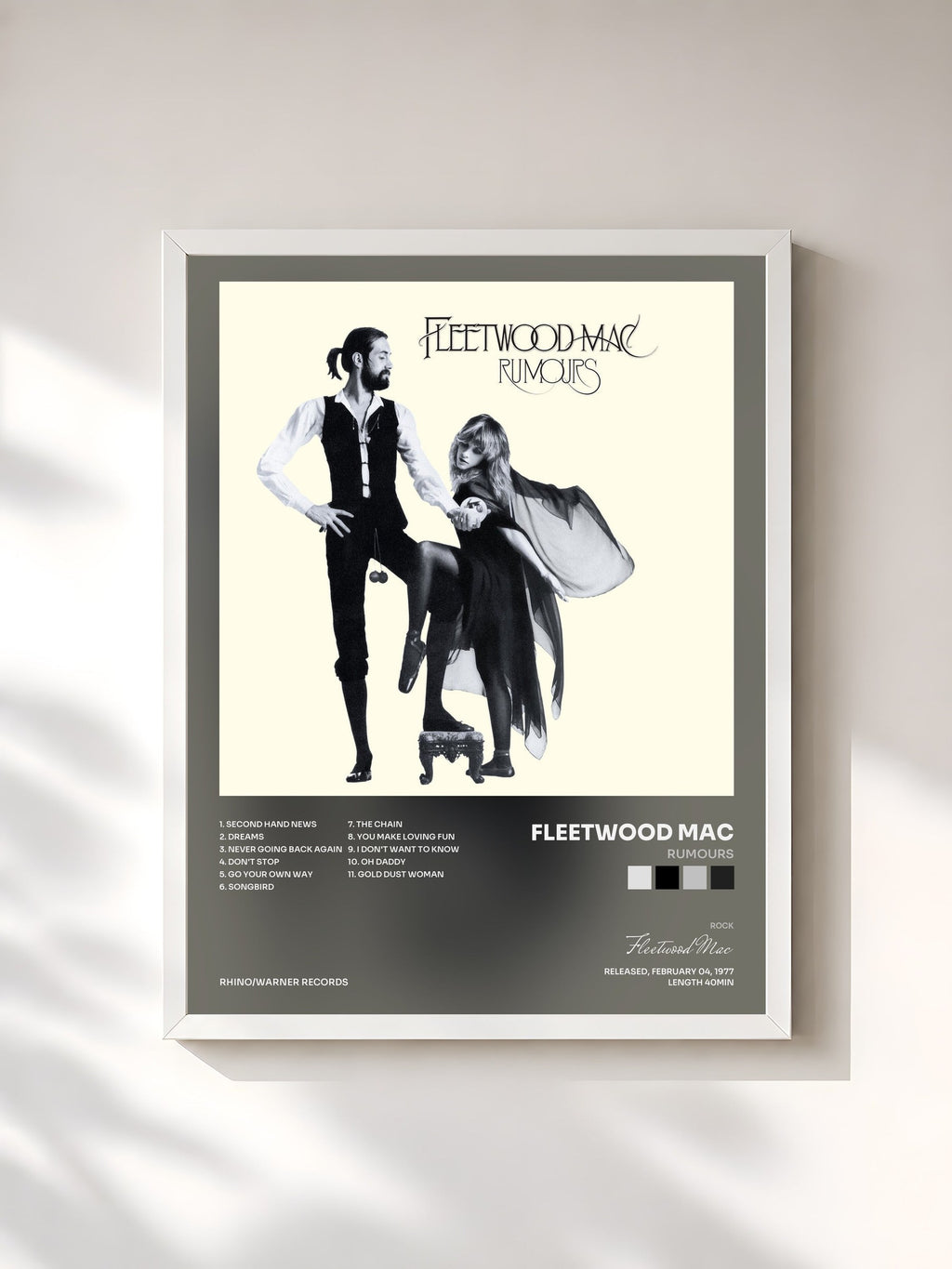 #blanc Tableau de l'album Rumours de Fleetwood Mac, cadre blanc, imprimé et encadré en France