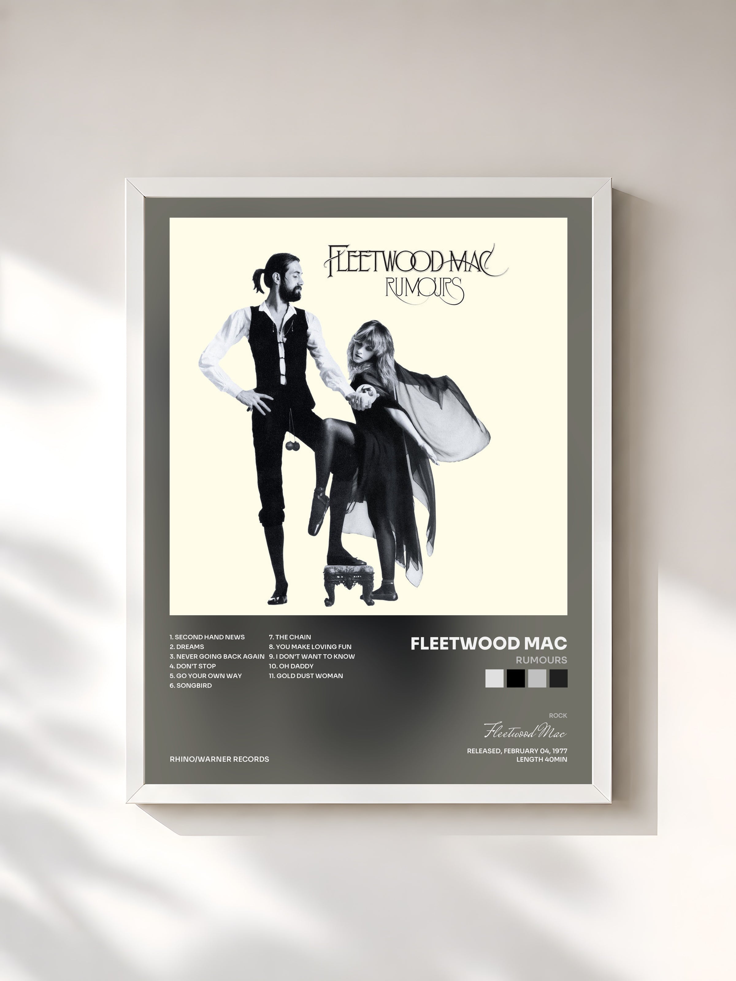 #blanc Tableau de l'album Rumours de Fleetwood Mac, cadre blanc, imprimé et encadré en France