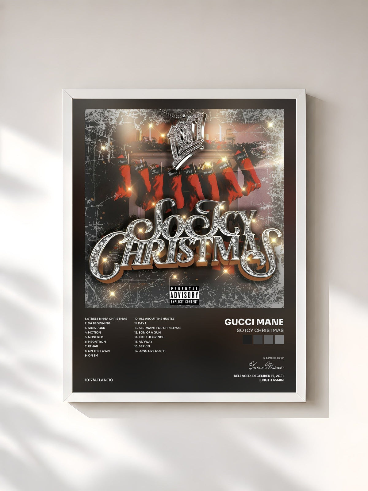 #blanc Tableau de l'album So Icy Christmas de Gucci Mane, cadre blanc, imprimé et encadré en France