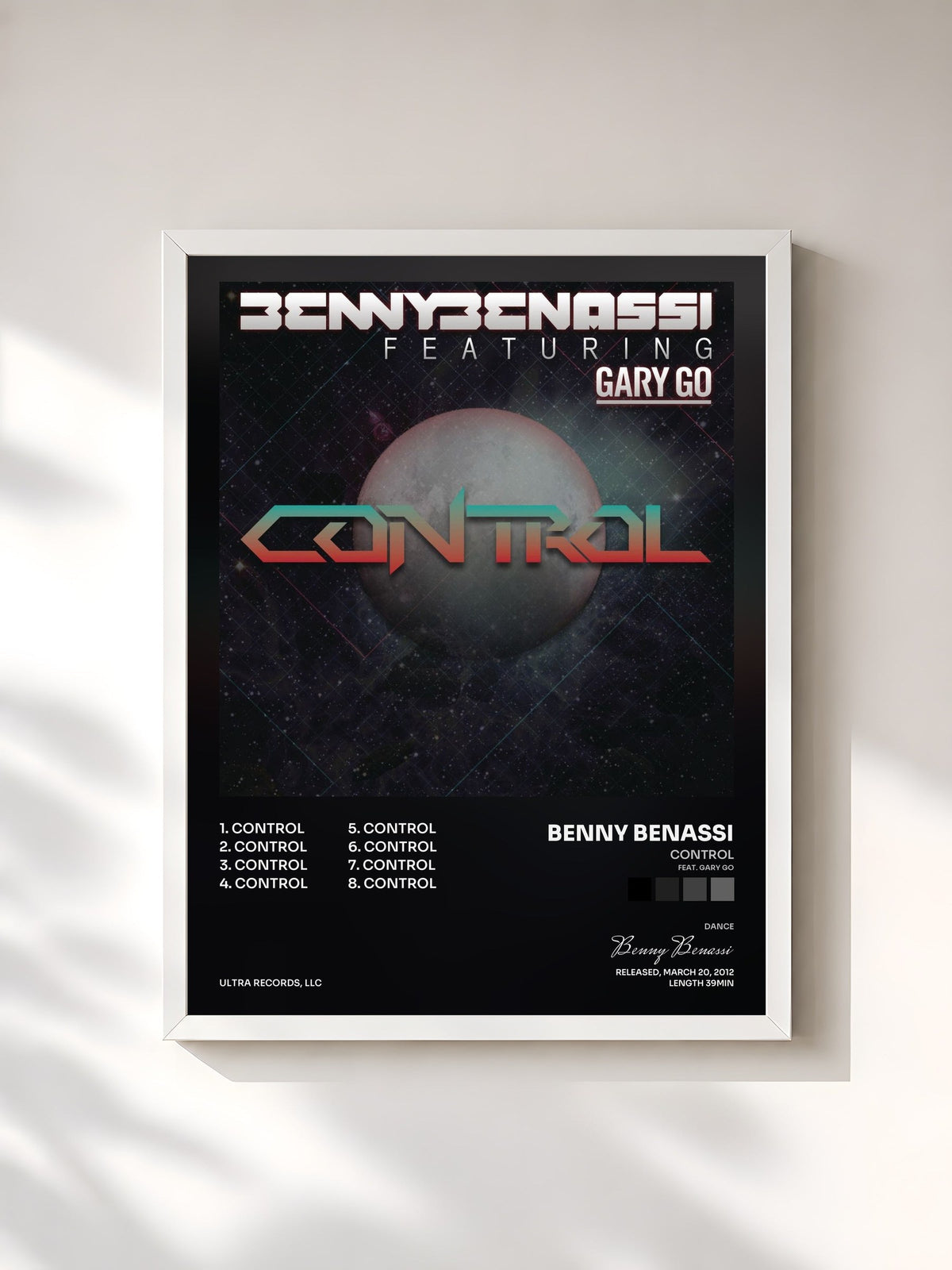 #blanc Tableau de l'album Control (feat. Gary Go) de Benny Benassi, cadre blanc, imprimé et encadré en France