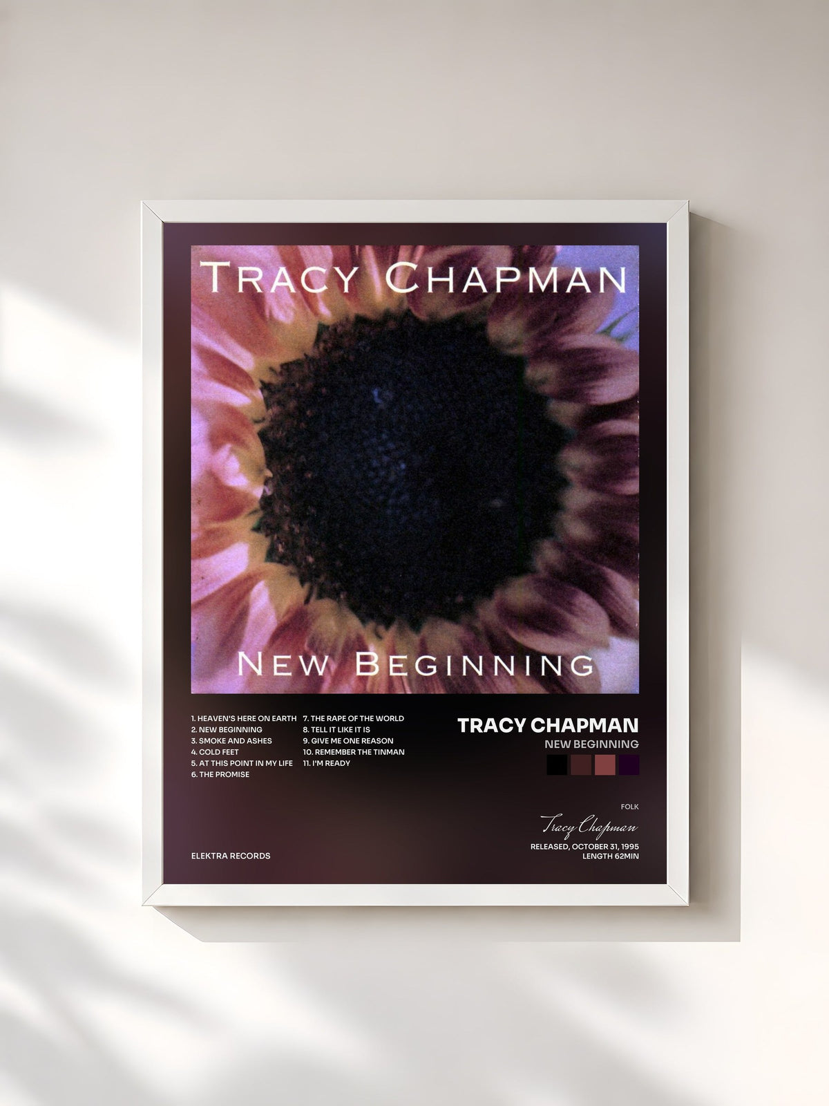#blanc Tableau de l'album New Beginning de Tracy Chapman, cadre blanc, imprimé et encadré en France