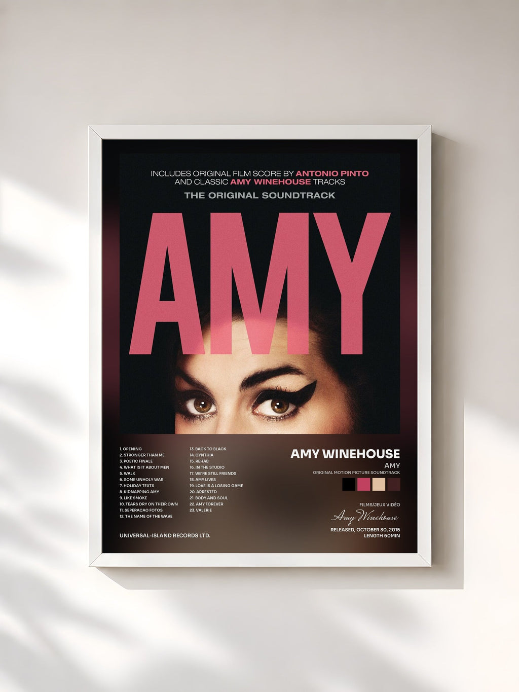 #blanc Tableau de l'album AMY (Original Motion Picture Soundtrack) de Amy Winehouse, cadre blanc, imprimé et encadré en France