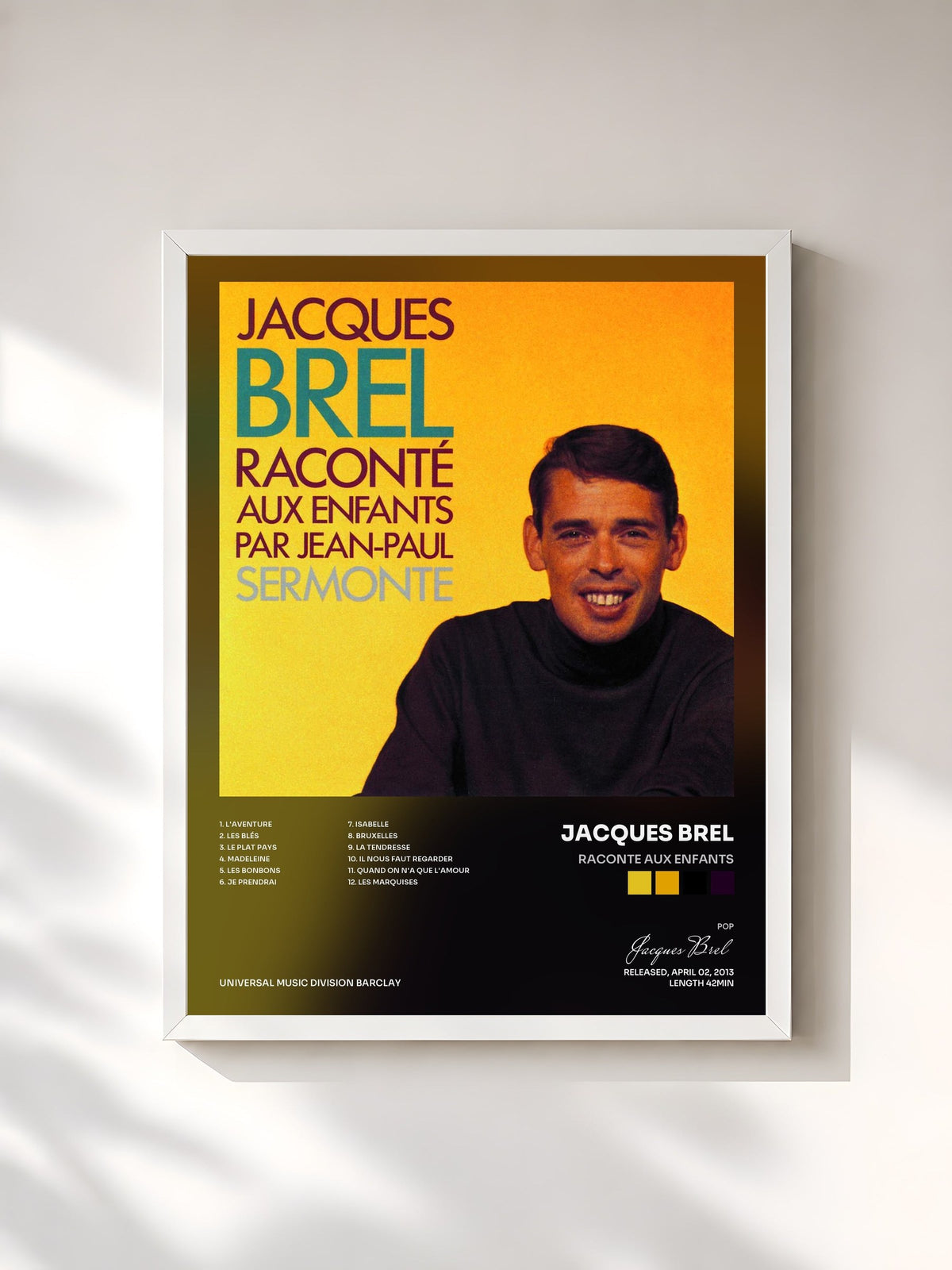 #blanc Tableau de l'album Raconte Aux Enfants de Jacques Brel, cadre blanc, imprimé et encadré en France