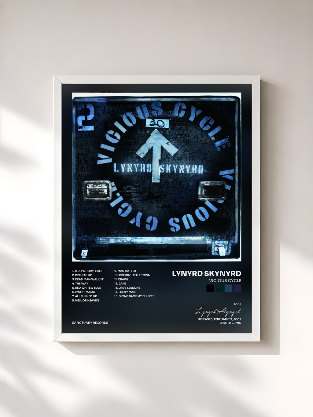 #blanc Vicious Cycle de Lynyrd Skynyrd en lámina enmarcada, marco blanco, impresa y enmarcada en Francia