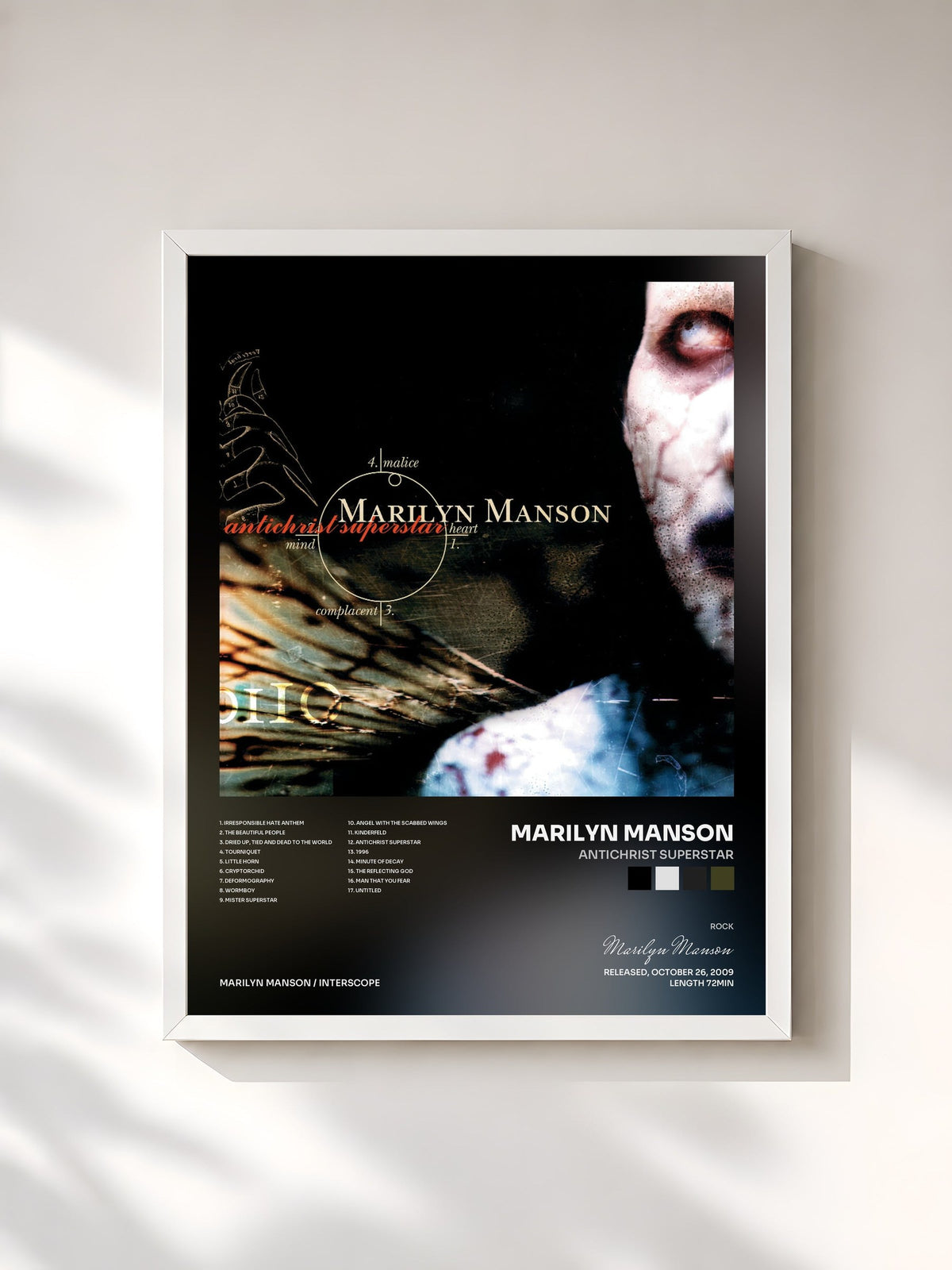 #blanc Tableau de l'album Antichrist Superstar de Marilyn Manson, cadre blanc, imprimé et encadré en France