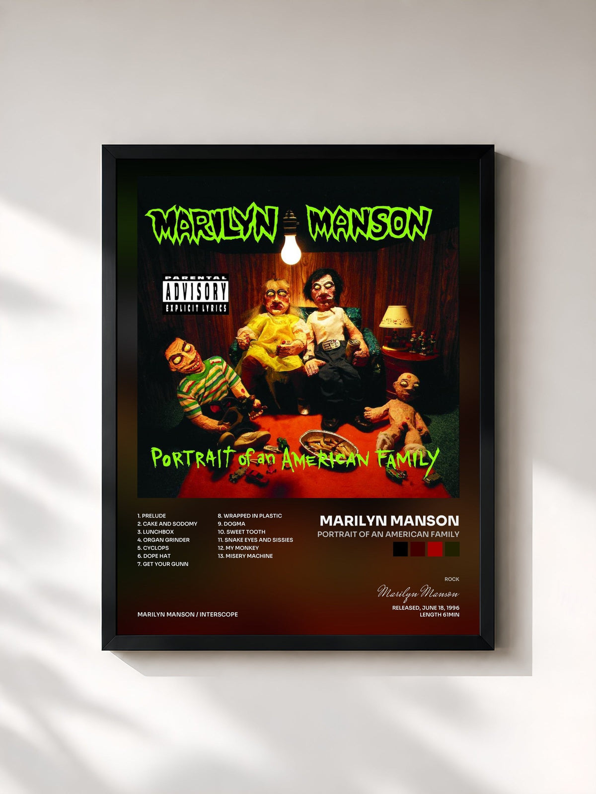#noir Tableau de l'album Portrait Of An American Family de Marilyn Manson, cadre noir, imprimé et encadré en France