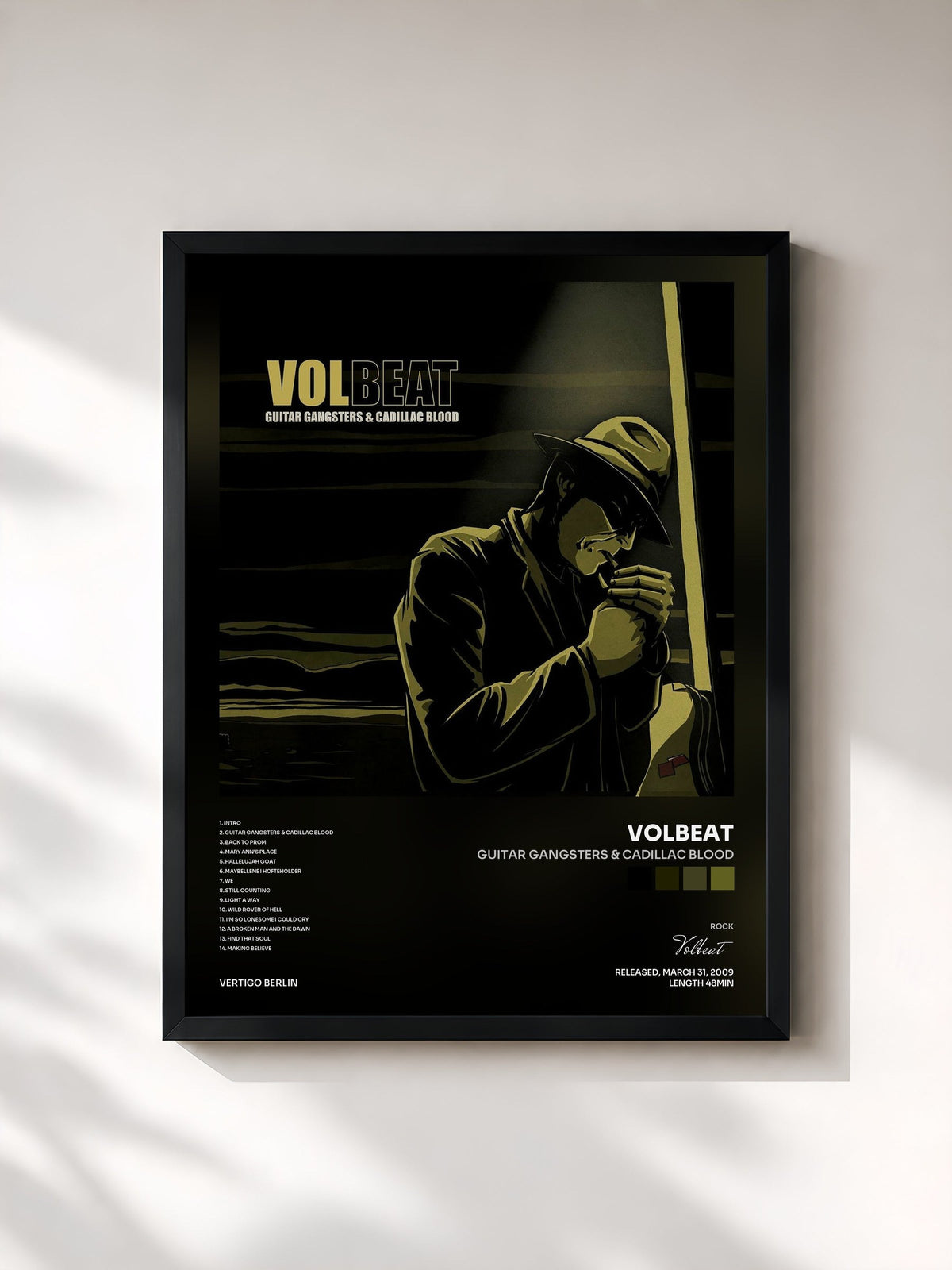 #noir Tableau de l'album Guitar Gangsters & Cadillac Blood de Volbeat, cadre noir, imprimé et encadré en France