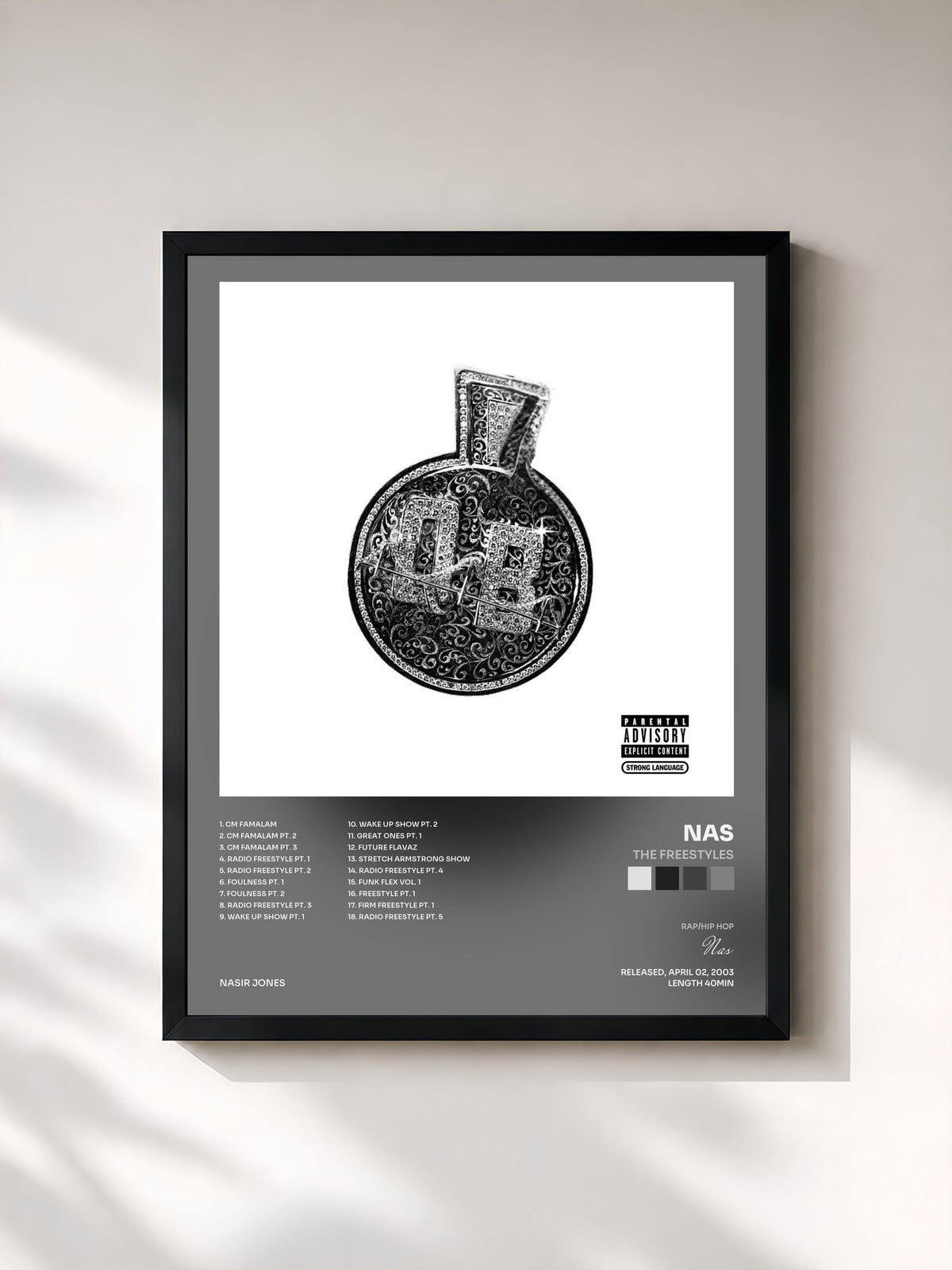 #noir Tableau de l'album The Freestyles de Nas, cadre noir, imprimé et encadré en France