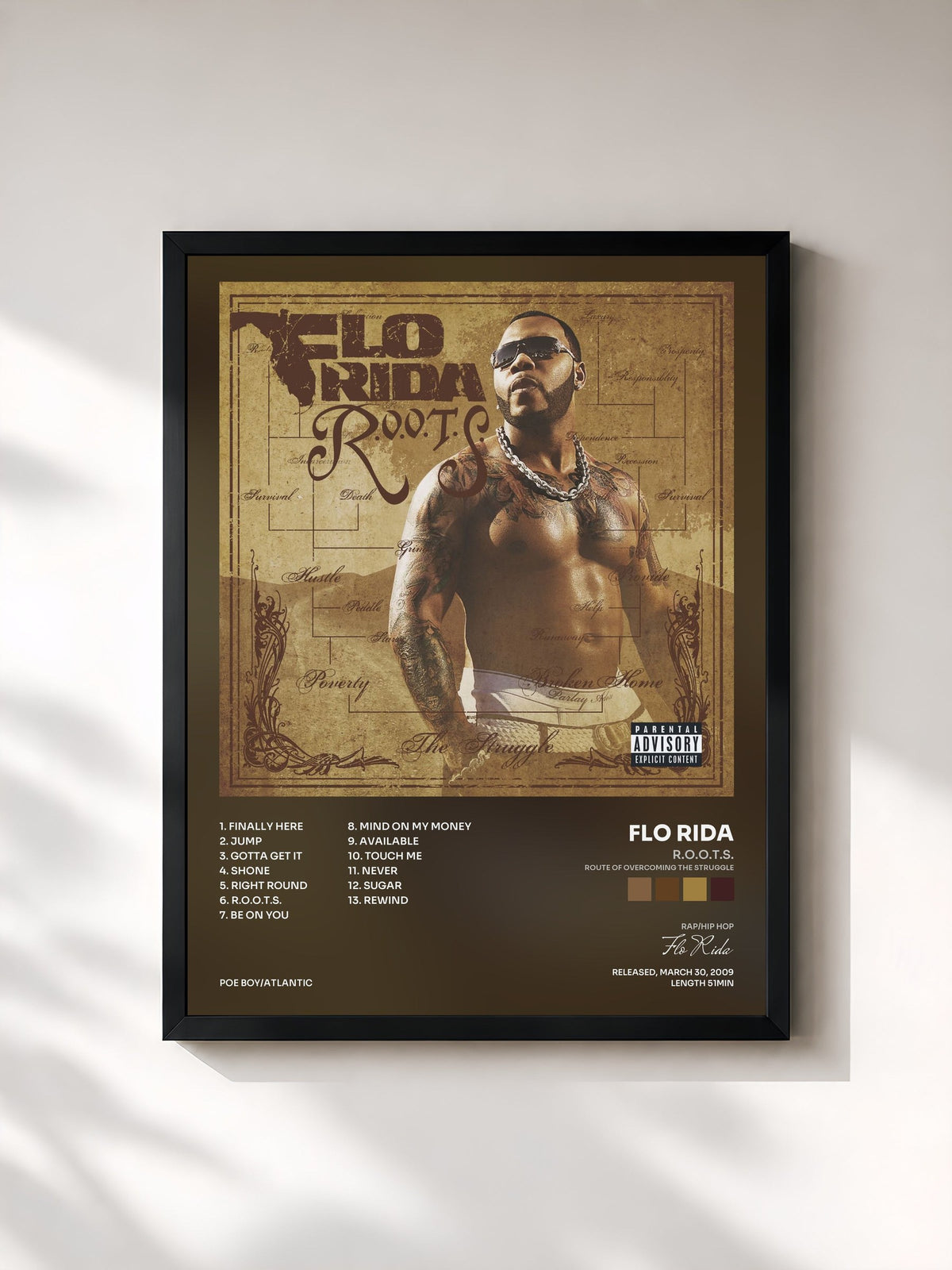 #noir Tableau de l'album R.O.O.T.S. (Route of Overcoming the Struggle) de Flo Rida, cadre noir, imprimé et encadré en France