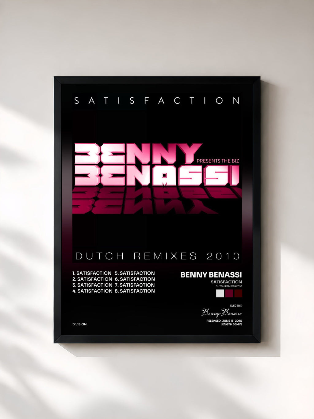 #noir Tableau de l'album Satisfaction (Dutch Remixes 2010) de Benny Benassi, cadre noir, imprimé et encadré en France