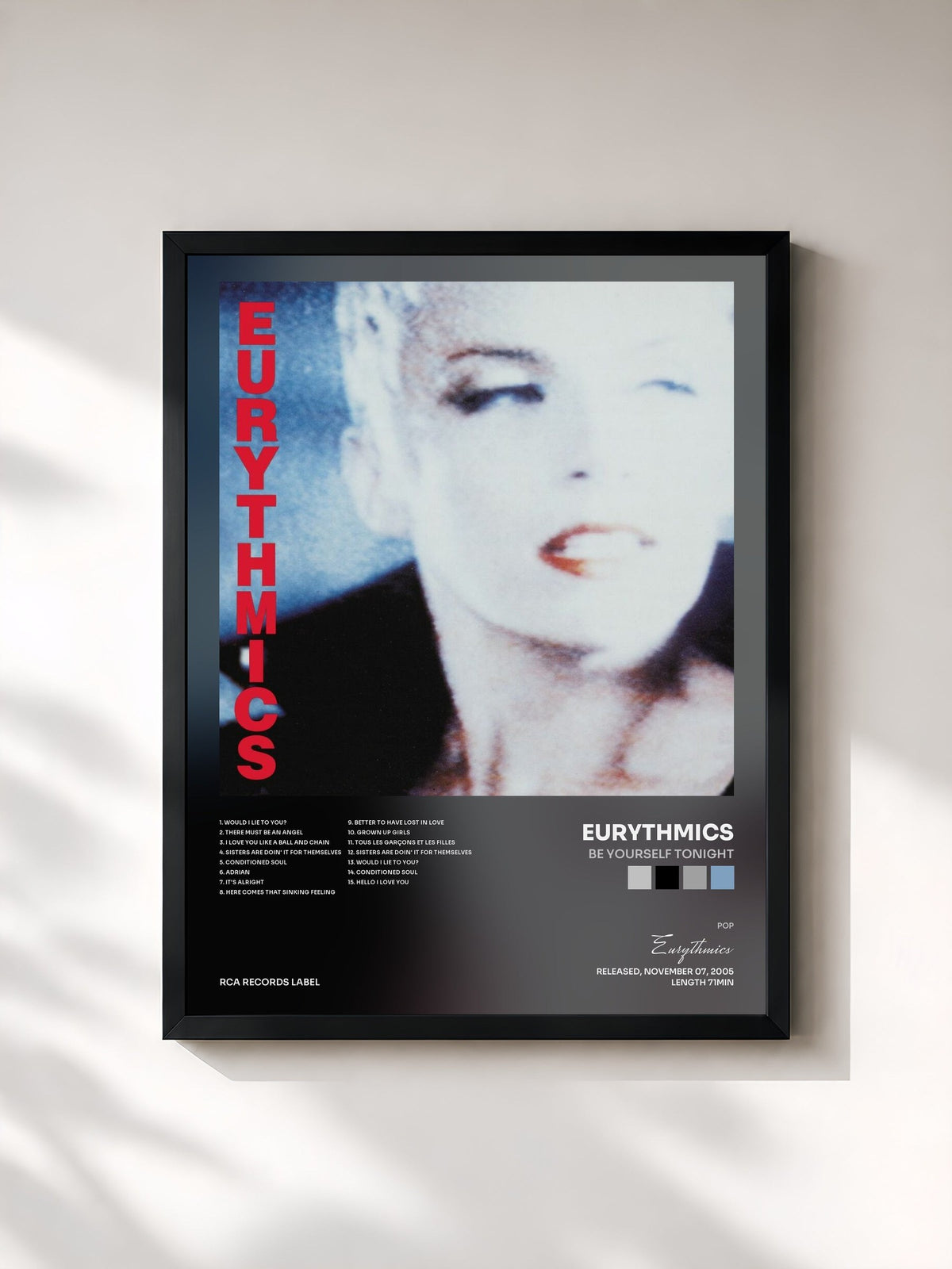 #noir Tableau de l'album Be Yourself Tonight de Eurythmics, cadre noir, imprimé et encadré en France