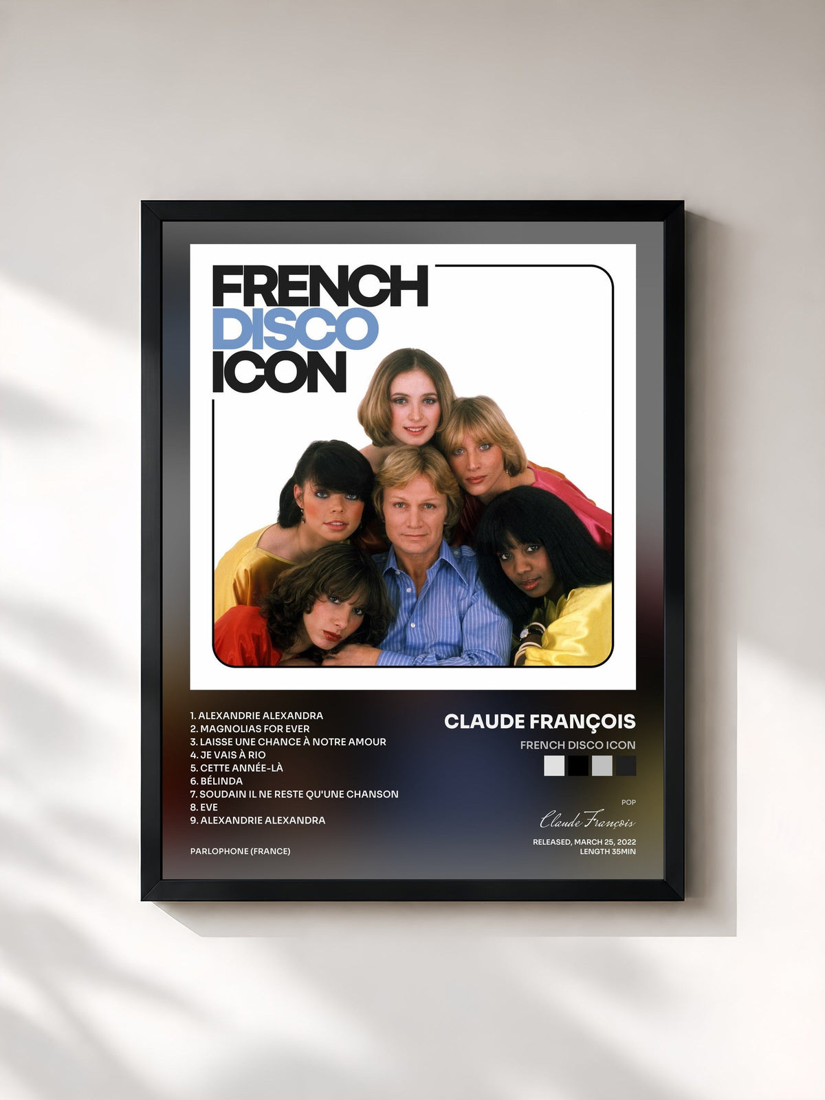 #noir French Disco Icon von Claude François als gerahmter Kunstdruck, schwarzer Rahmen, gedruckt und gerahmt in Frankreich