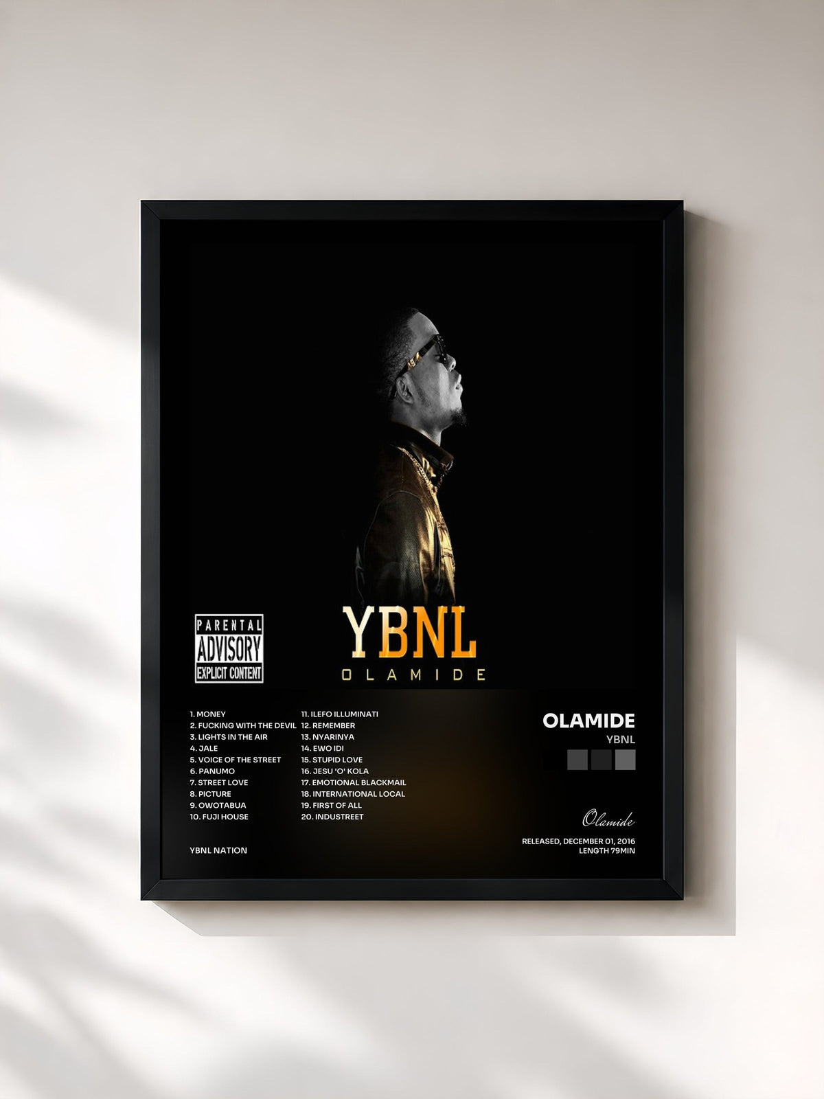 #noir Tableau de l'album YBNL de Olamide, cadre noir, imprimé et encadré en France