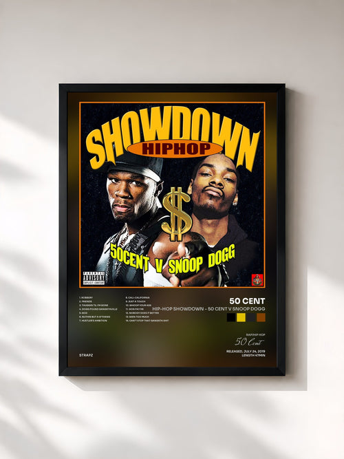 #noir Tableau de l'album Hip-Hop Showdown - 50 Cent v Snoop Dogg de 50 Cent, cadre noir, imprimé et encadré en France