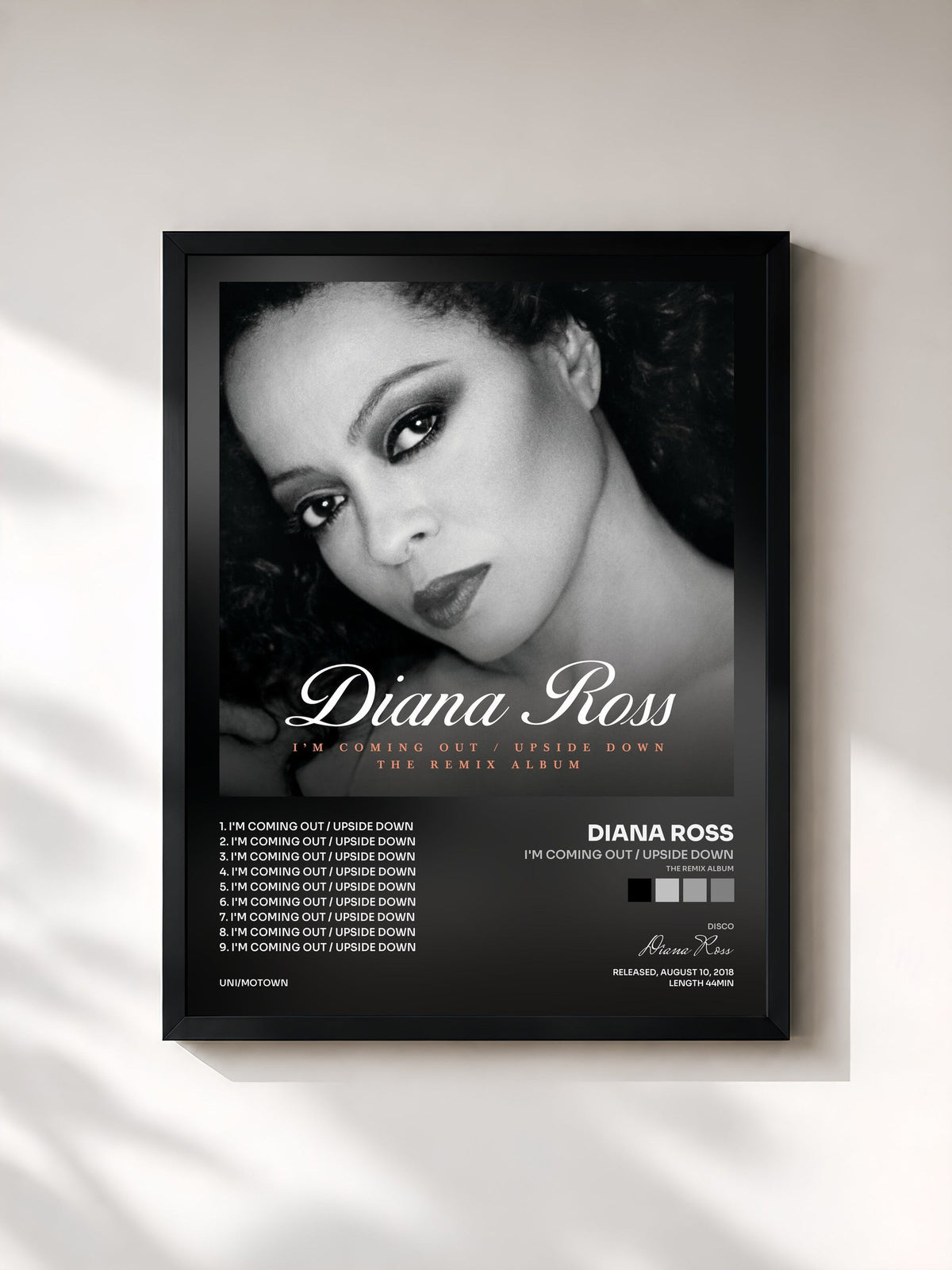 #noir Tableau de l'album I'm Coming Out / Upside Down (The Remix Album) de Diana Ross, cadre noir, imprimé et encadré en France