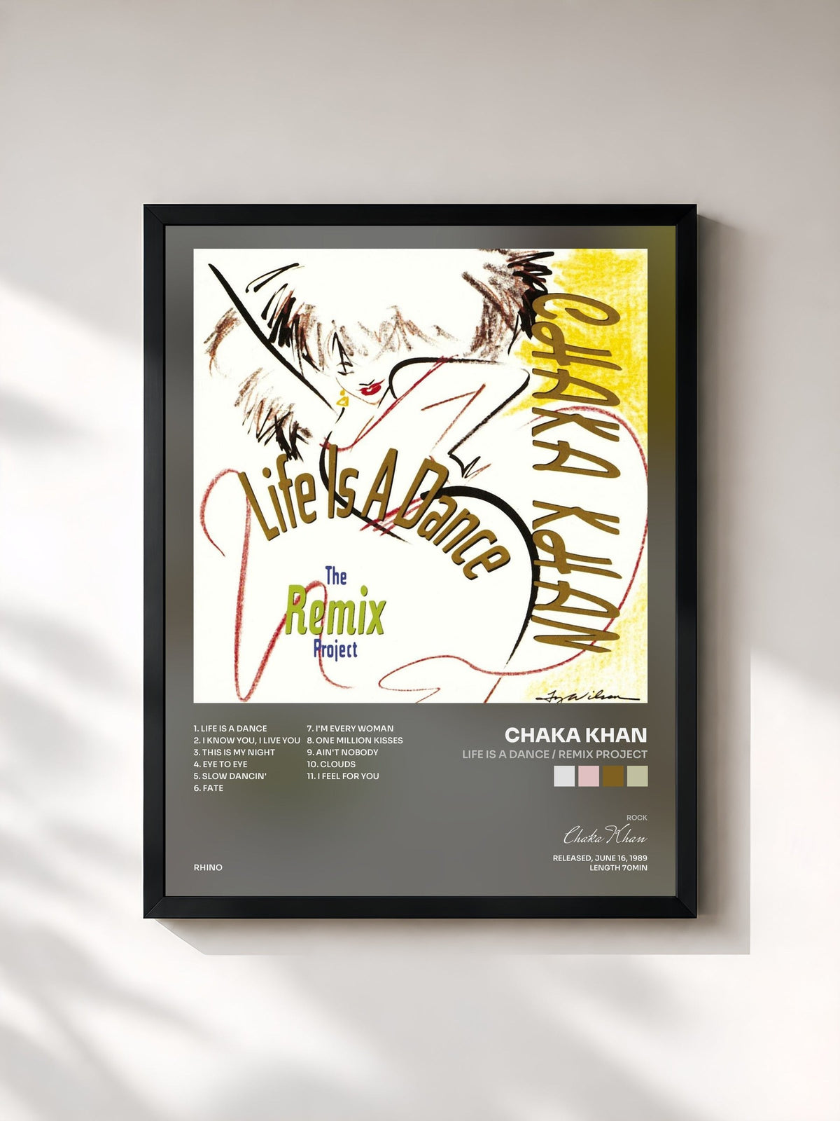 #noir Tableau de l'album Life Is a Dance / Remix Project de Chaka Khan, cadre noir, imprimé et encadré en France