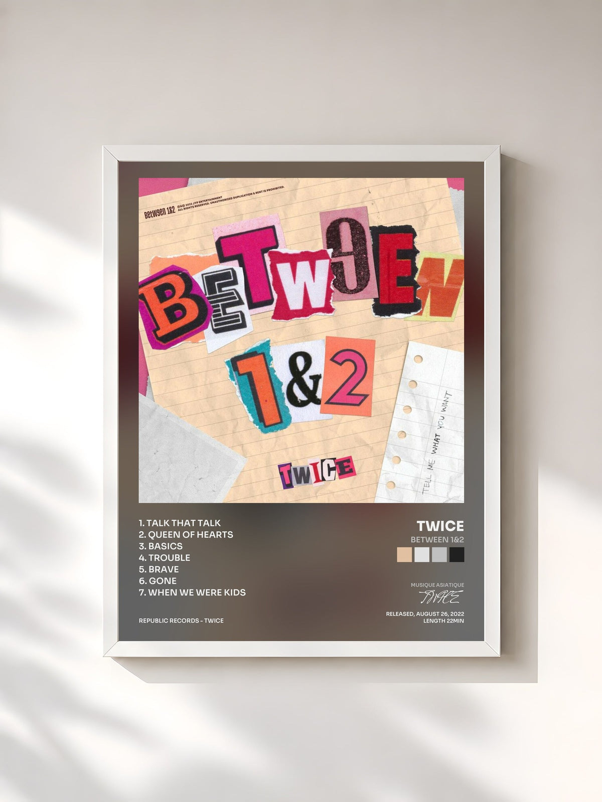 #blanc Tableau de l'album BETWEEN 1&2 de TWICE, cadre blanc, imprimé et encadré en France