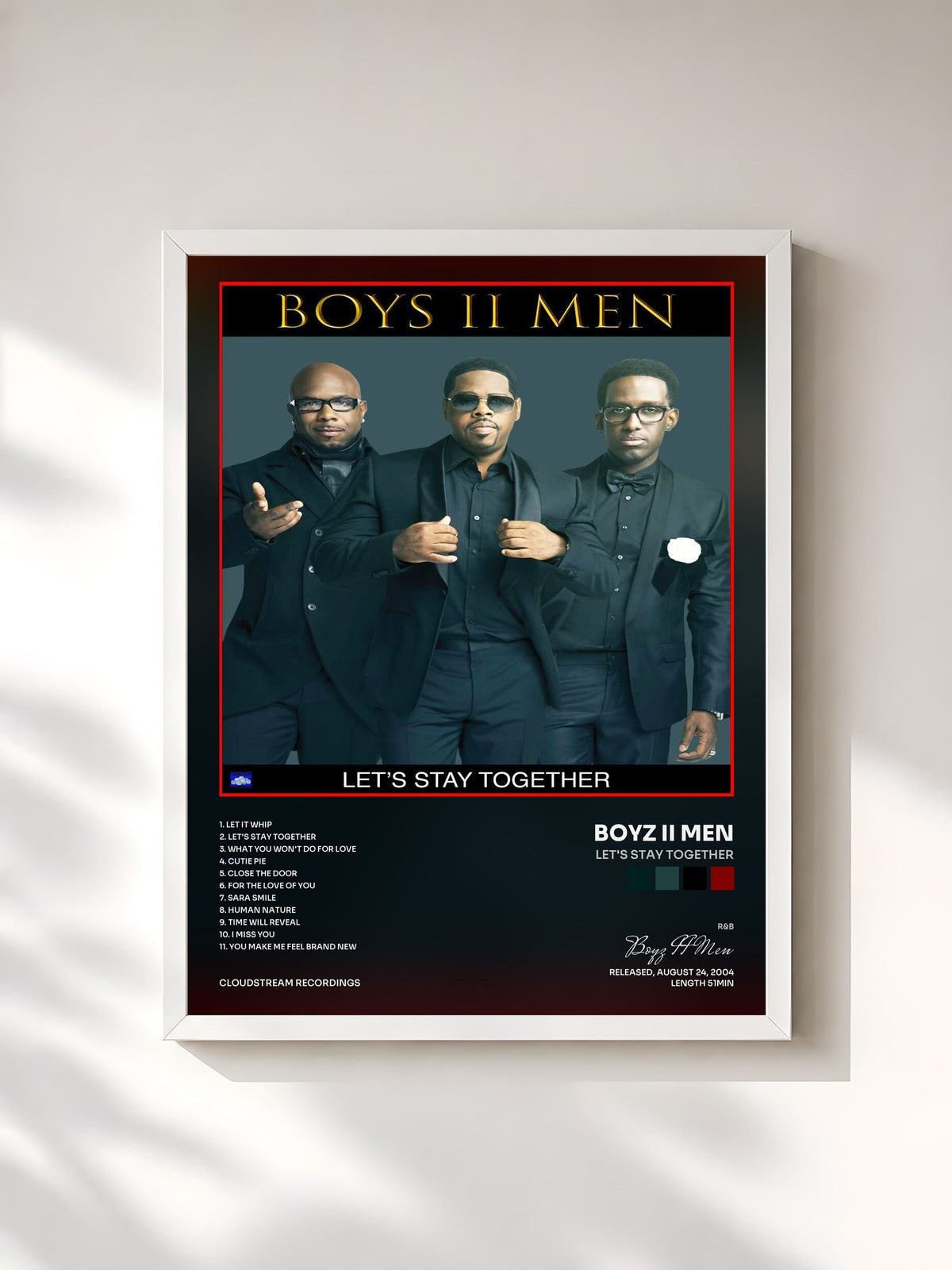 #blanc Tableau de l'album Let's Stay Together de Boyz II Men, cadre blanc, imprimé et encadré en France