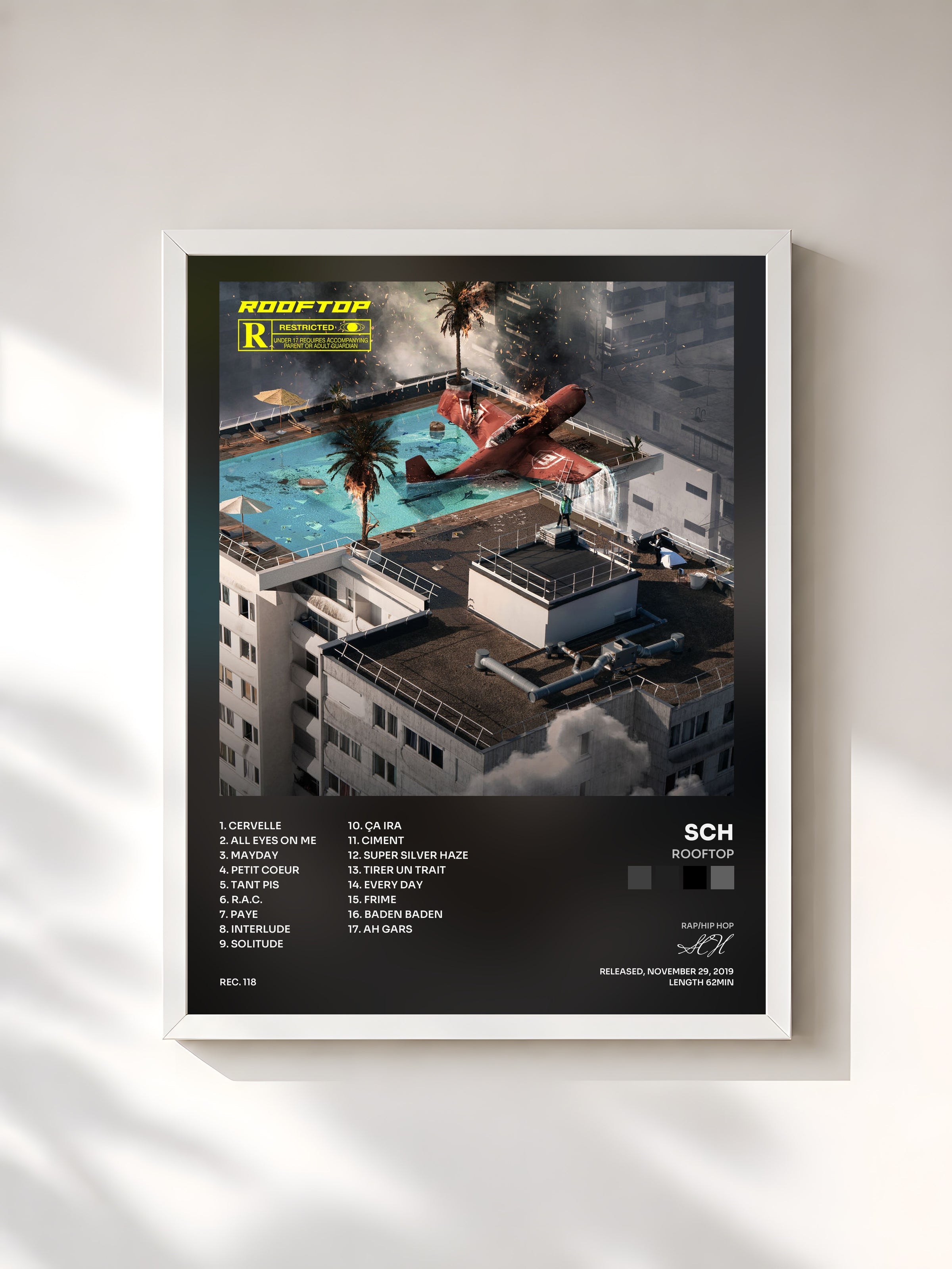 #blanc Tableau de l'album Rooftop de SCH, cadre blanc, imprimé et encadré en France