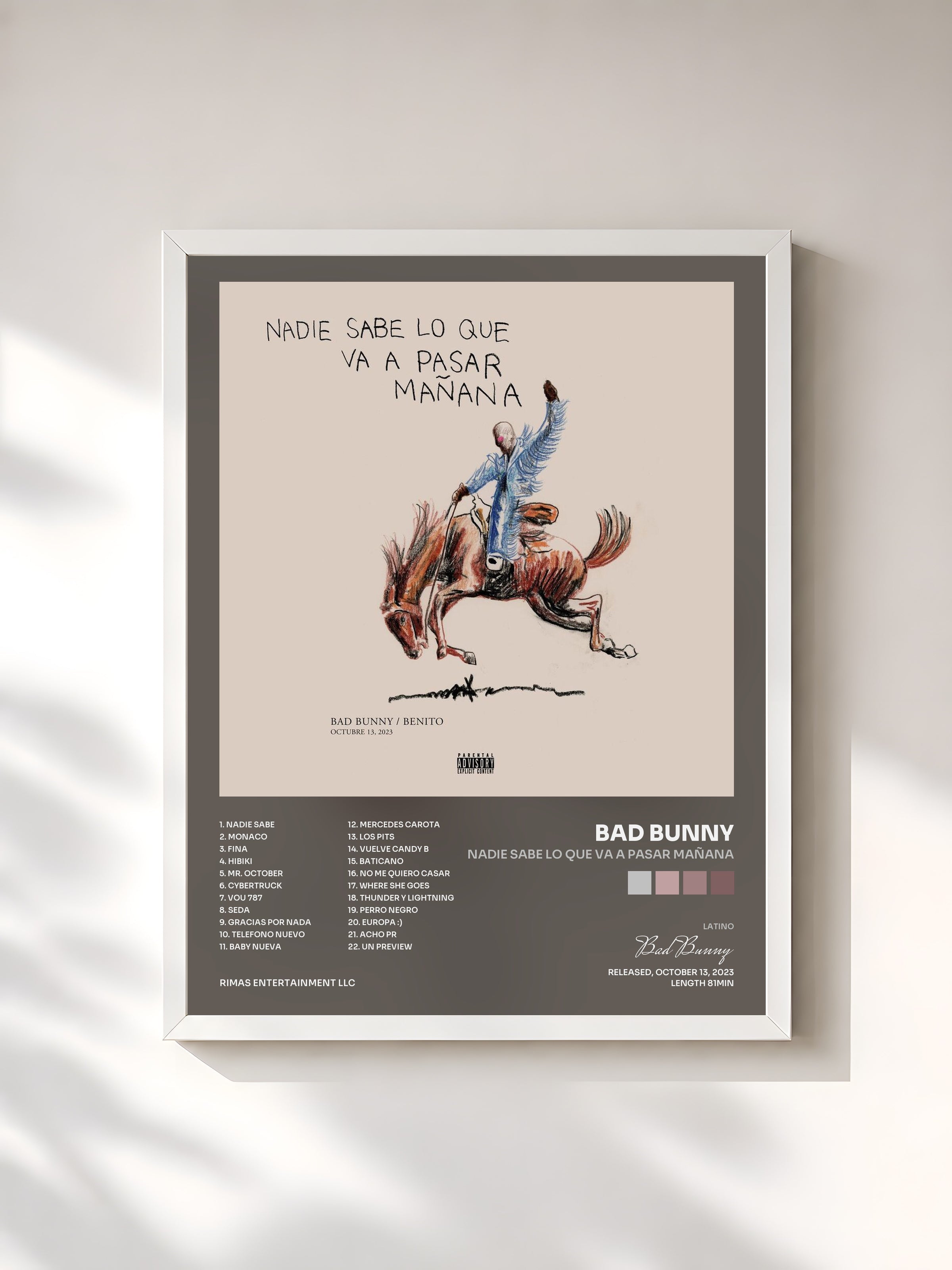 #blanc nadie sabe lo que va a pasar mañana by Bad Bunny as a framed art print, white frame, printed and framed in France