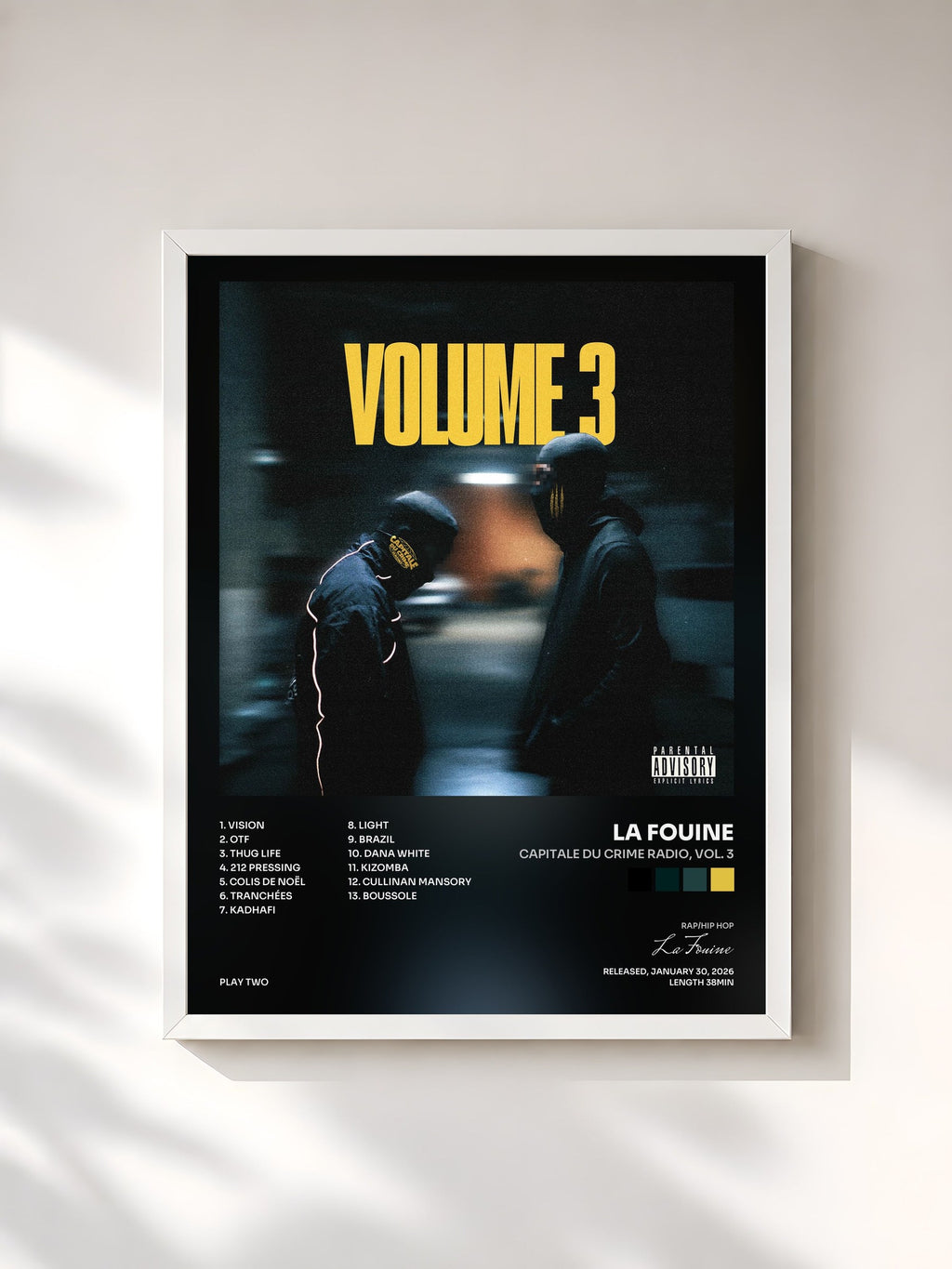 #blanc Tableau de l'album CAPITALE DU CRIME RADIO, vol. 3 de La Fouine, cadre blanc, imprimé et encadré en France