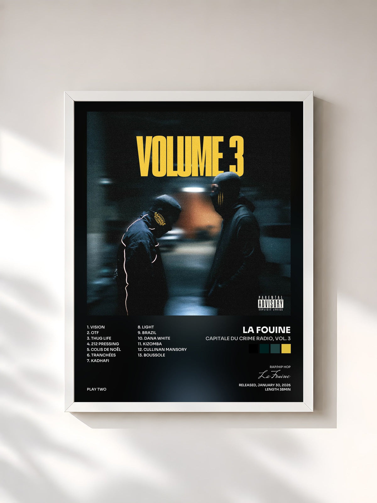 #blanc Tableau de l'album CAPITALE DU CRIME RADIO, vol. 3 de La Fouine, cadre blanc, imprimé et encadré en France
