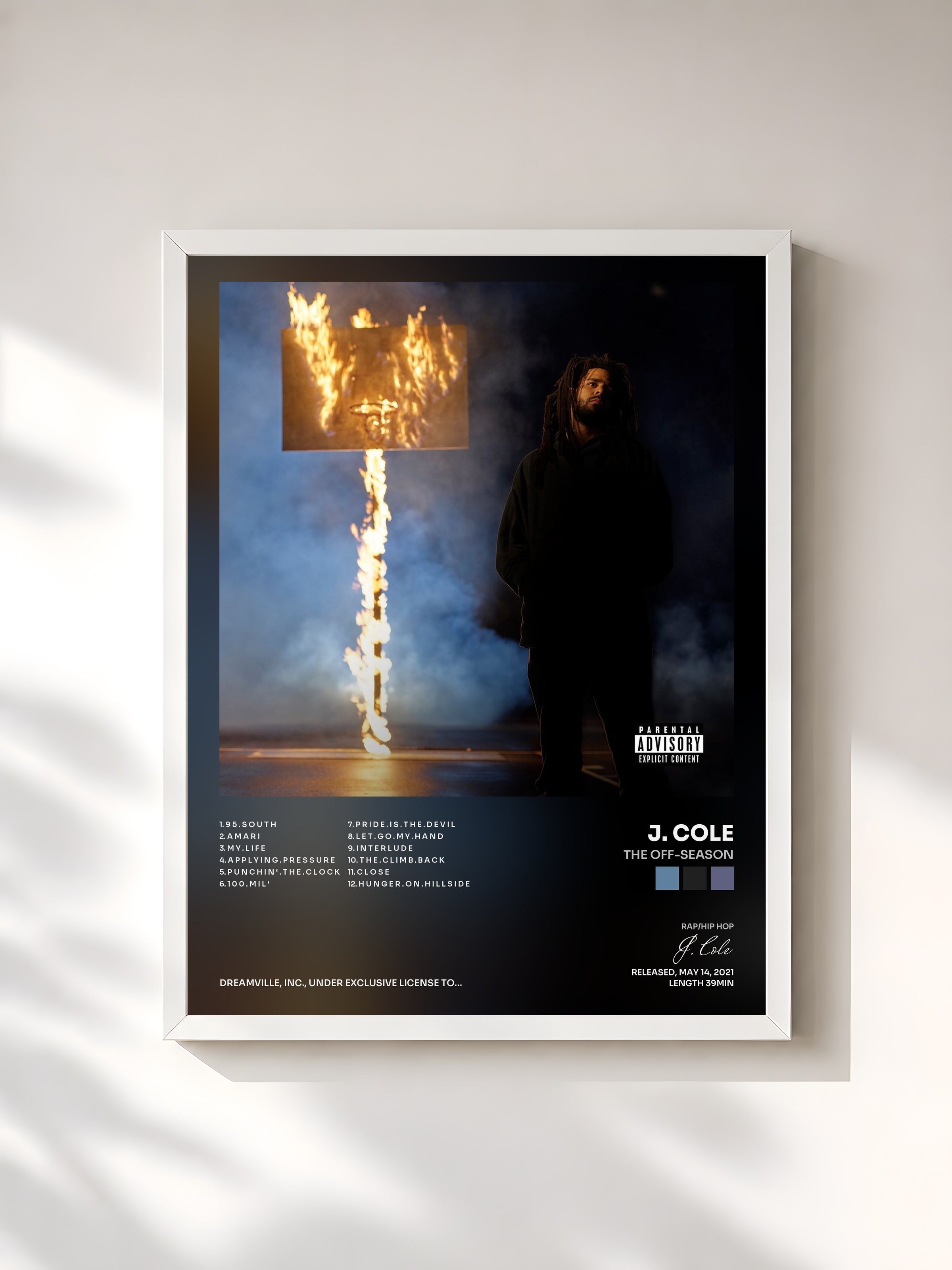 #blanc Tableau de l'album The Off-Season de J. Cole, cadre blanc, imprimé et encadré en France