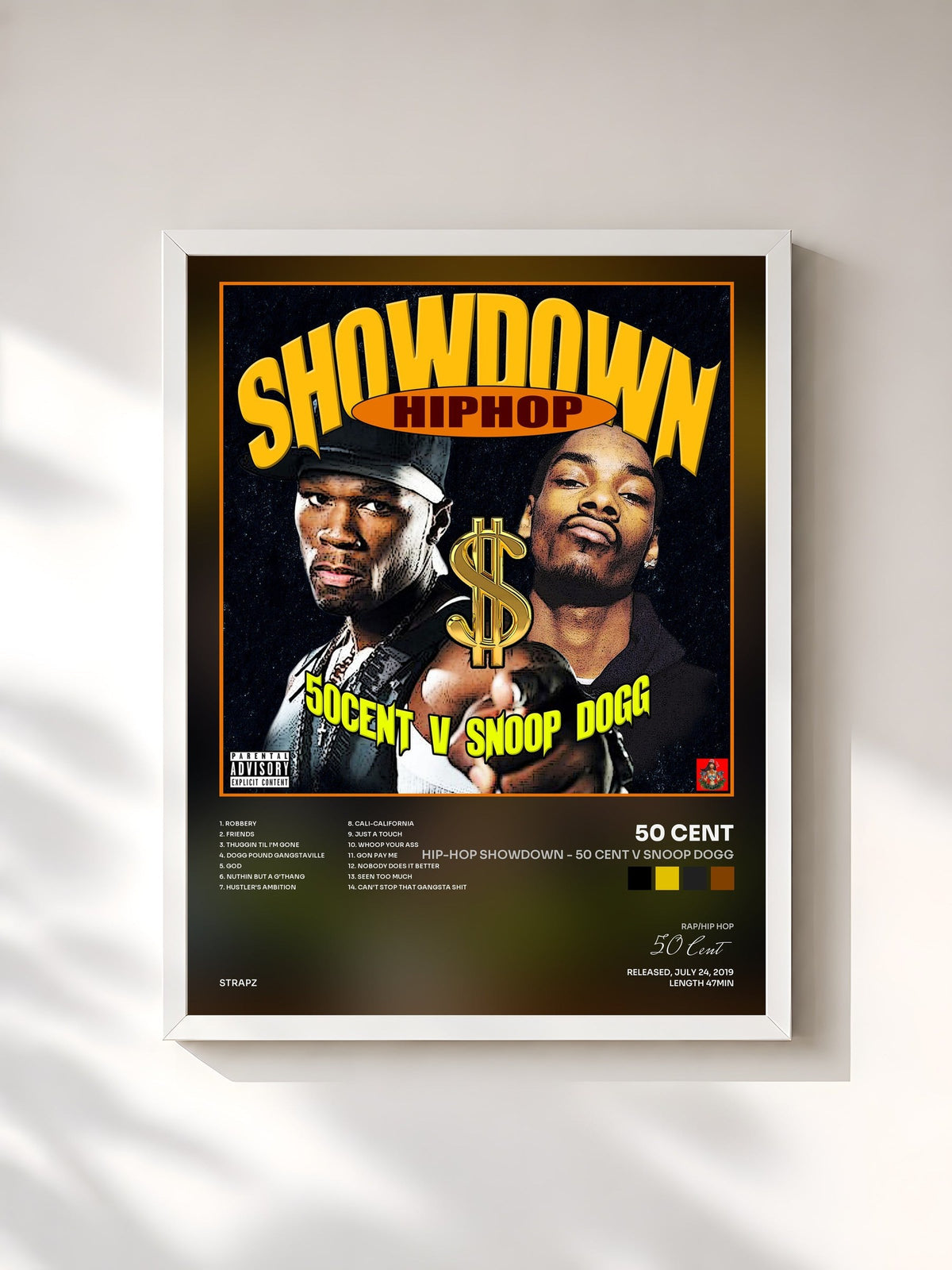 #blanc Tableau de l'album Hip-Hop Showdown - 50 Cent v Snoop Dogg de 50 Cent, cadre blanc, imprimé et encadré en France