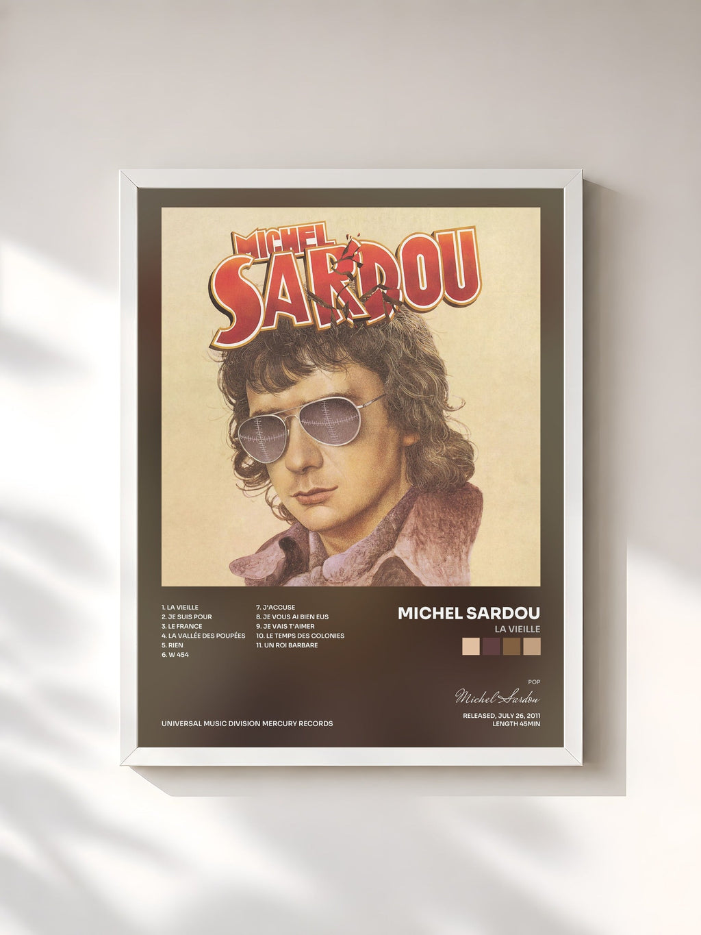 #blanc La vieille de Michel Sardou en lámina enmarcada, marco blanco, impresa y enmarcada en Francia