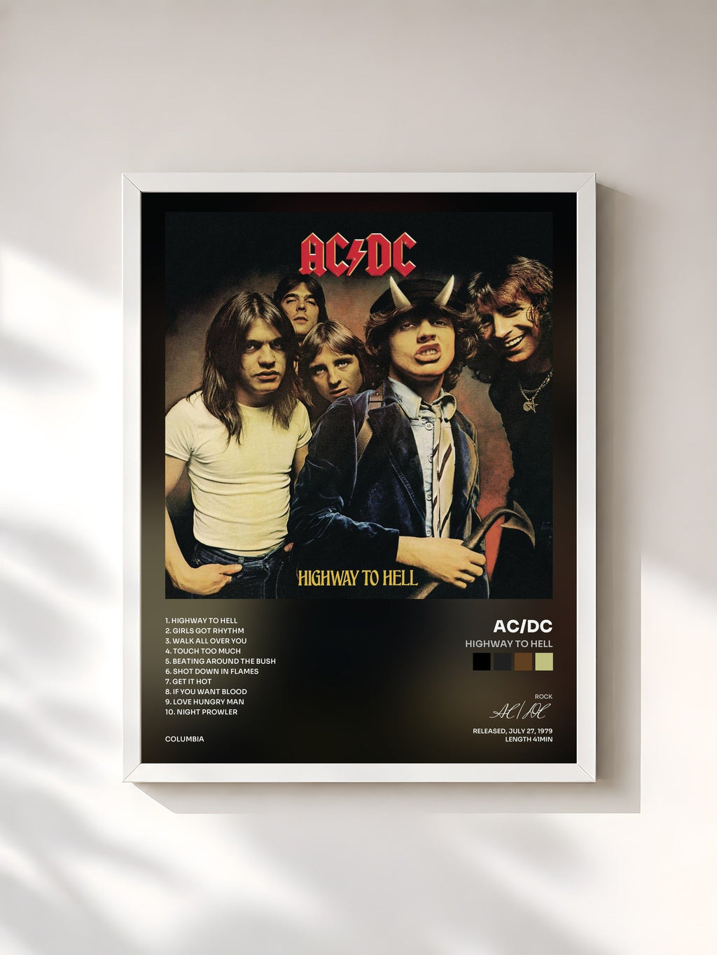 #blanc Tableau de l'album Highway to Hell de AC/DC, cadre blanc, imprimé et encadré en France