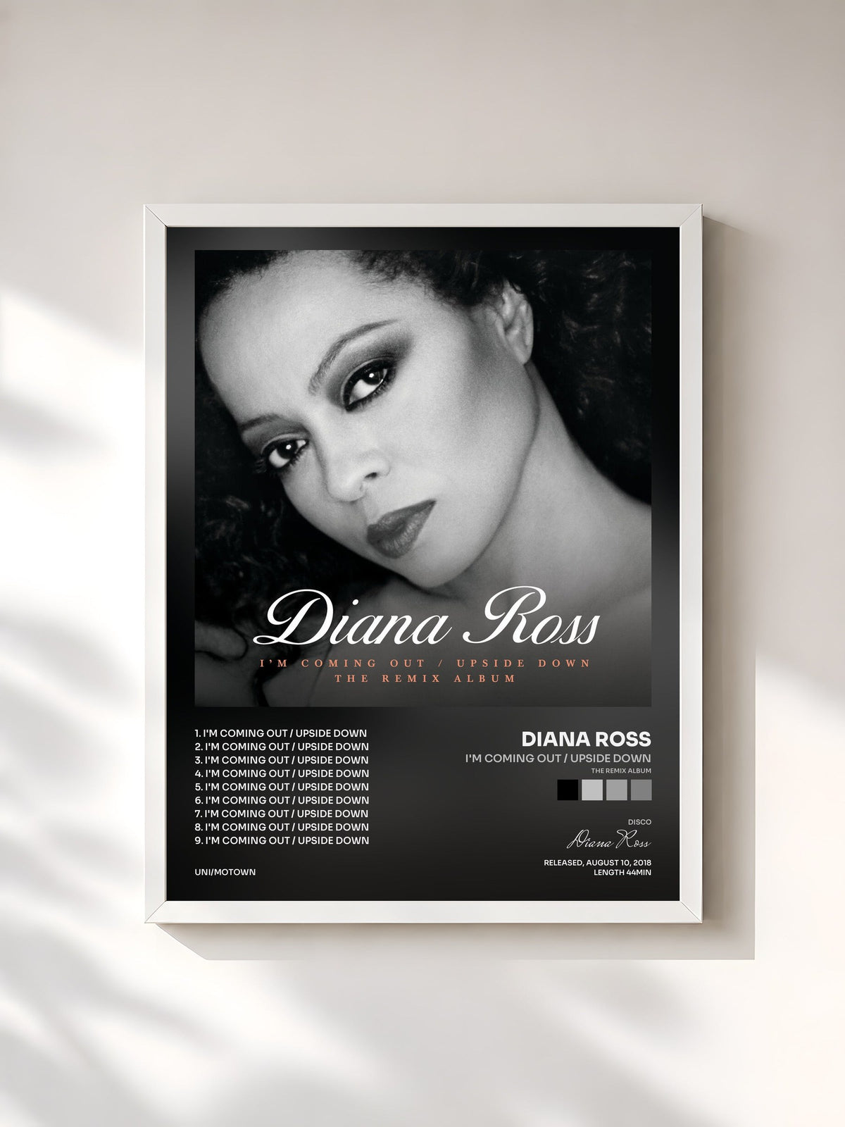 #blanc Tableau de l'album I'm Coming Out / Upside Down (The Remix Album) de Diana Ross, cadre blanc, imprimé et encadré en France