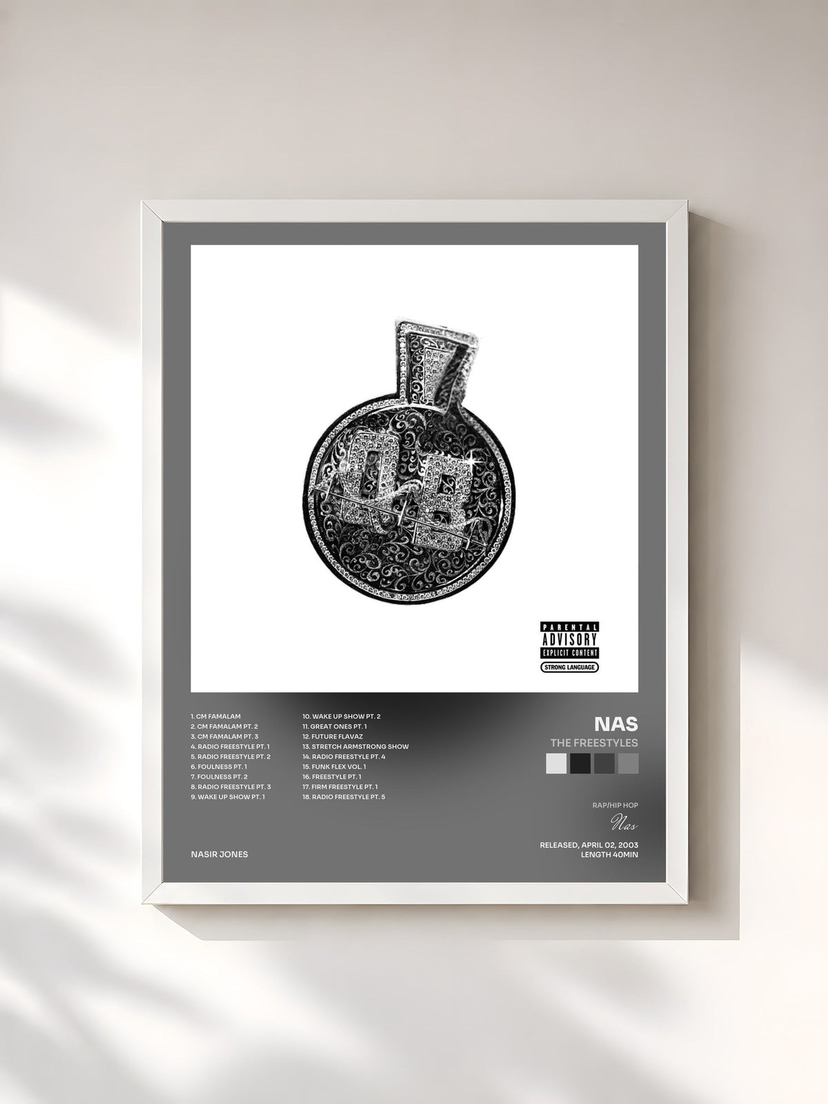 #blanc Tableau de l'album The Freestyles de Nas, cadre blanc, imprimé et encadré en France