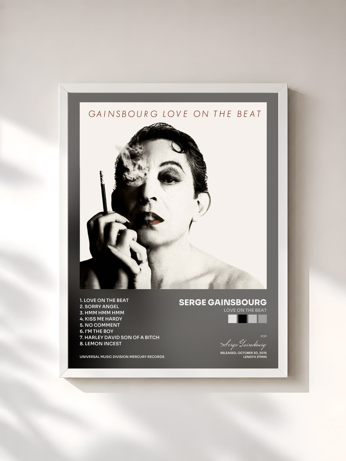 #blanc Tableau de l'album Love On The Beat de Serge Gainsbourg, cadre blanc, imprimé et encadré en France