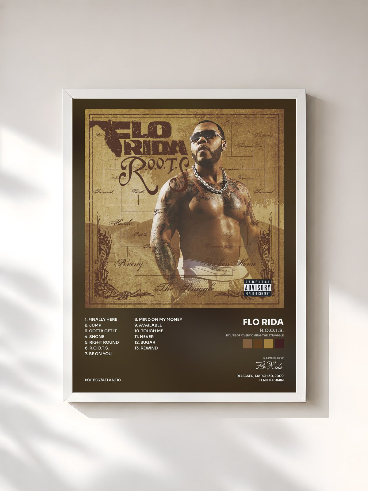 #blanc Tableau de l'album R.O.O.T.S. (Route of Overcoming the Struggle) de Flo Rida, cadre blanc, imprimé et encadré en France