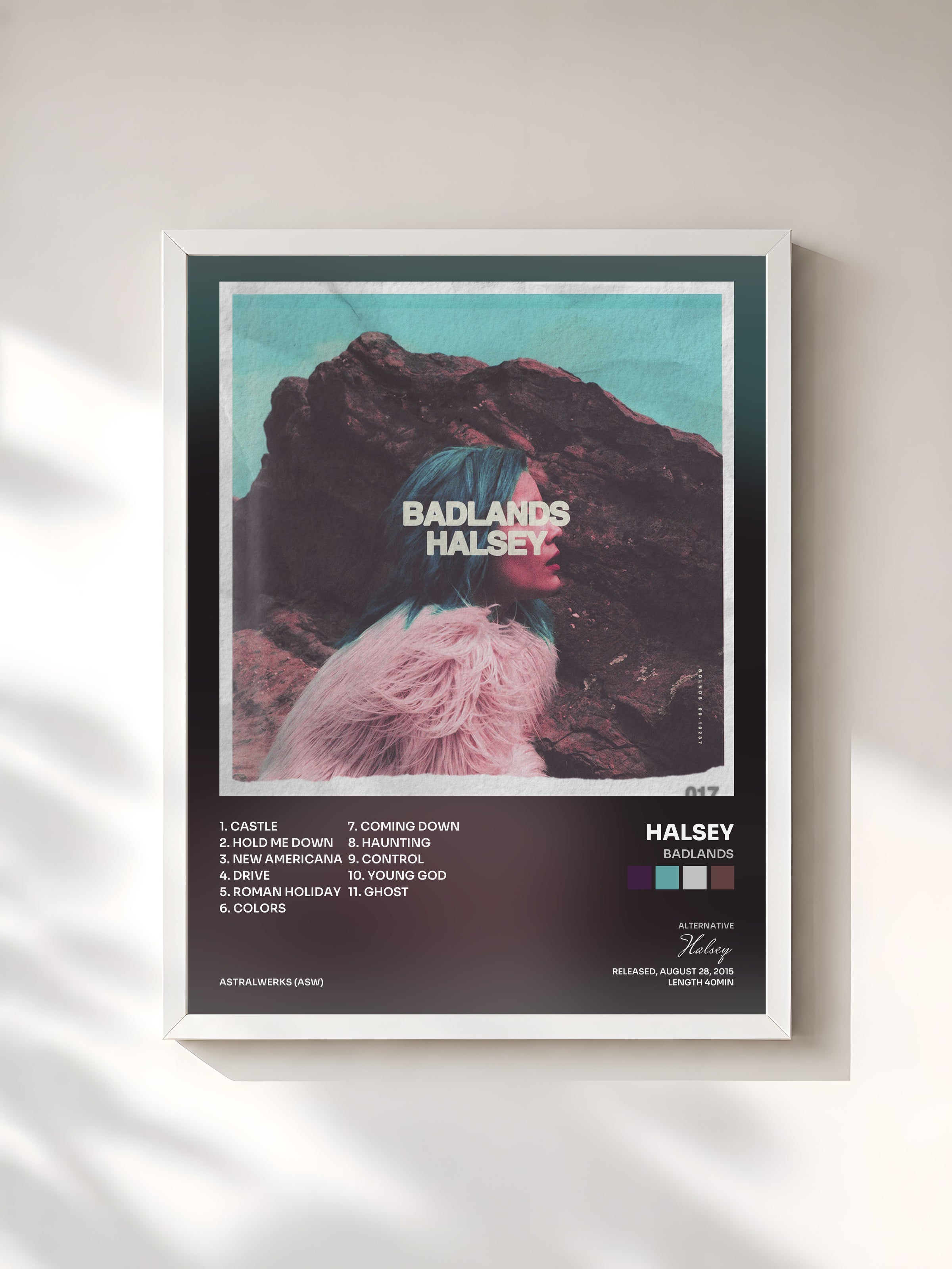 #blanc Tableau de l'album BADLANDS de Halsey, cadre blanc, imprimé et encadré en France
