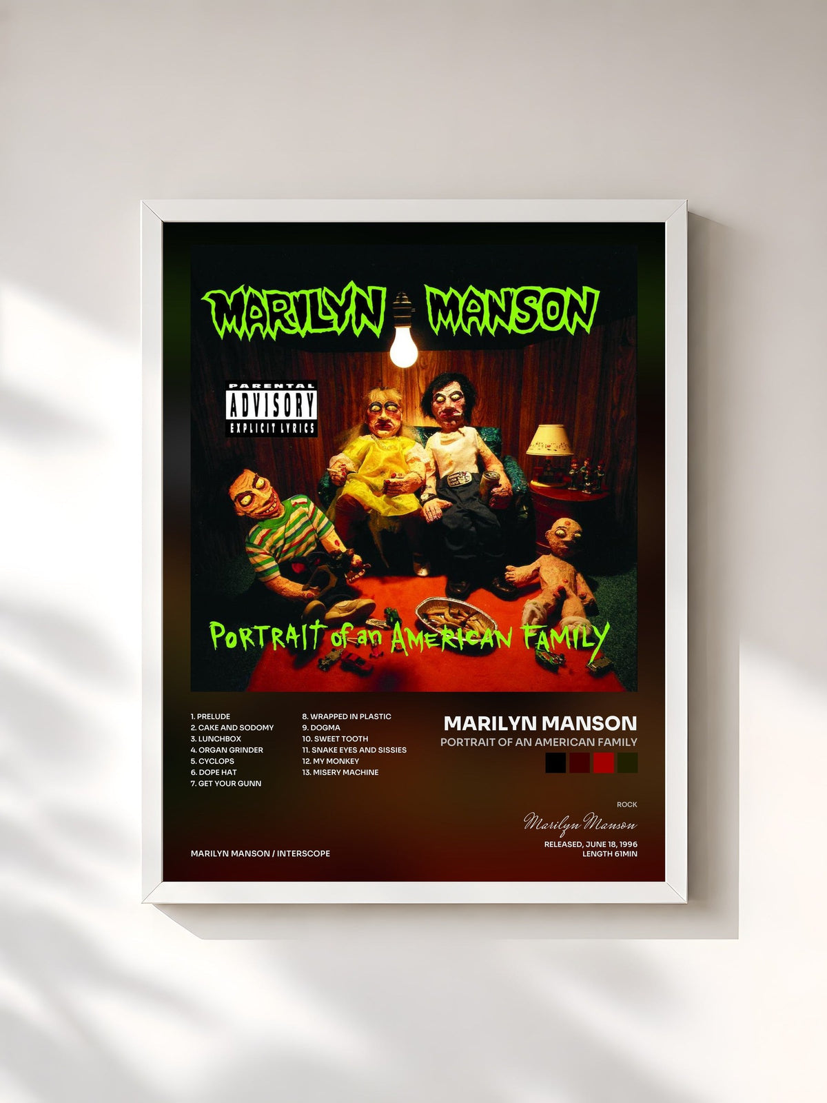 #blanc Tableau de l'album Portrait Of An American Family de Marilyn Manson, cadre blanc, imprimé et encadré en France
