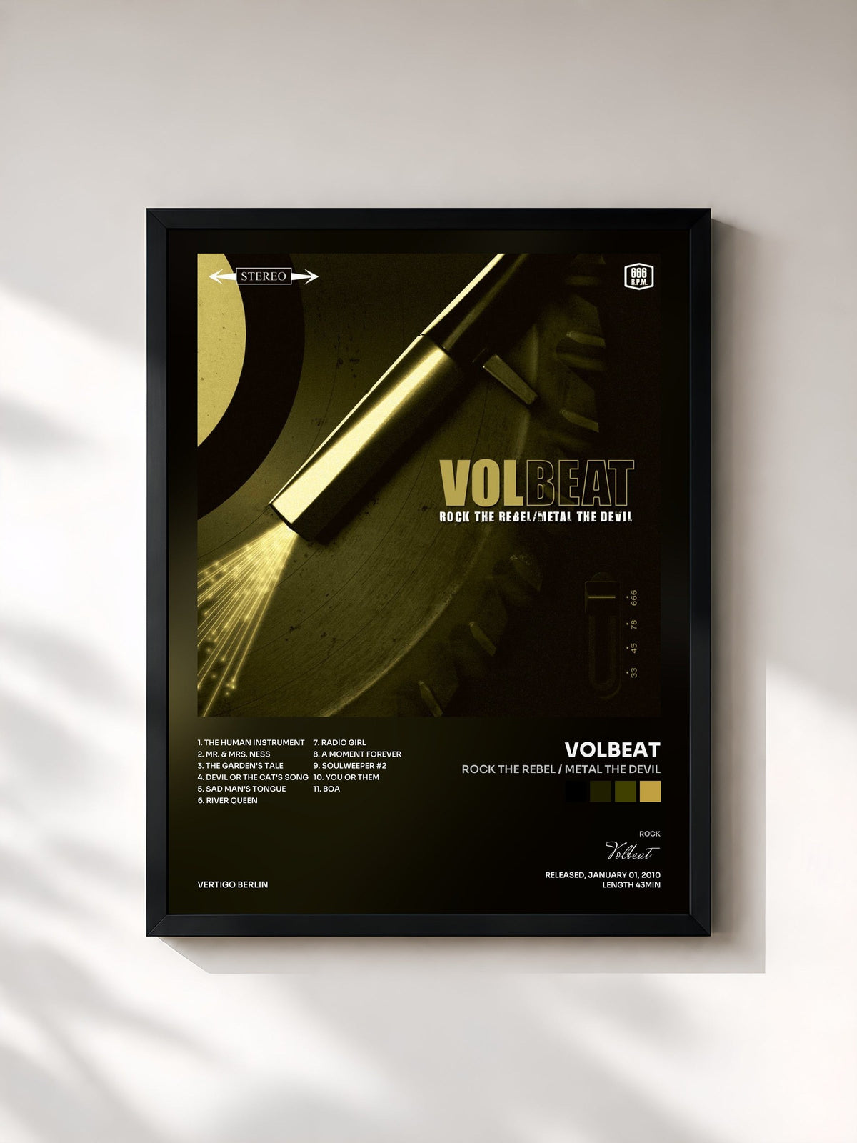 #noir Tableau de l'album Rock The Rebel / Metal The Devil de Volbeat, cadre noir, imprimé et encadré en France