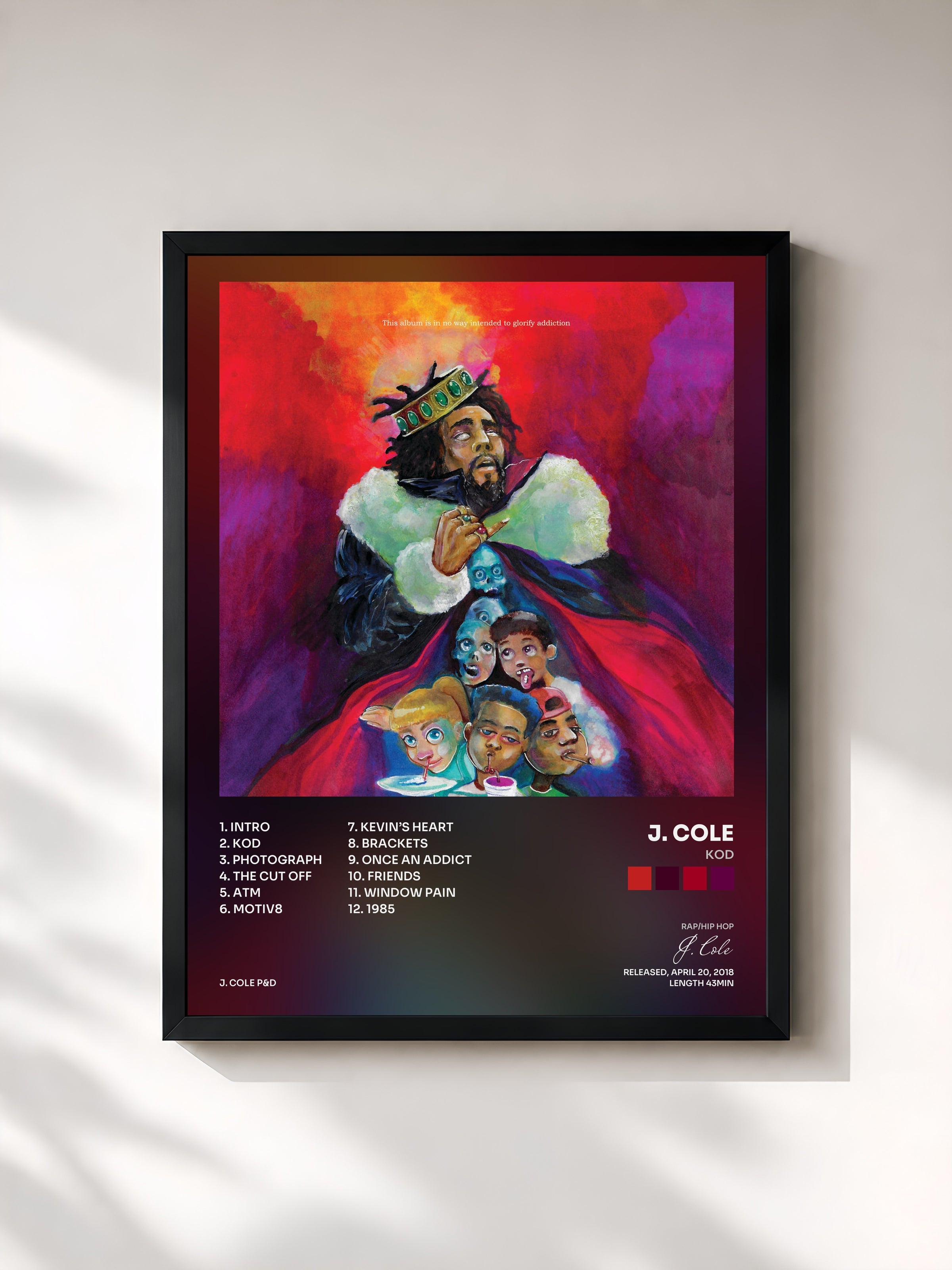 #noir Tableau de l'album KOD de J. Cole, cadre noir, imprimé et encadré en France