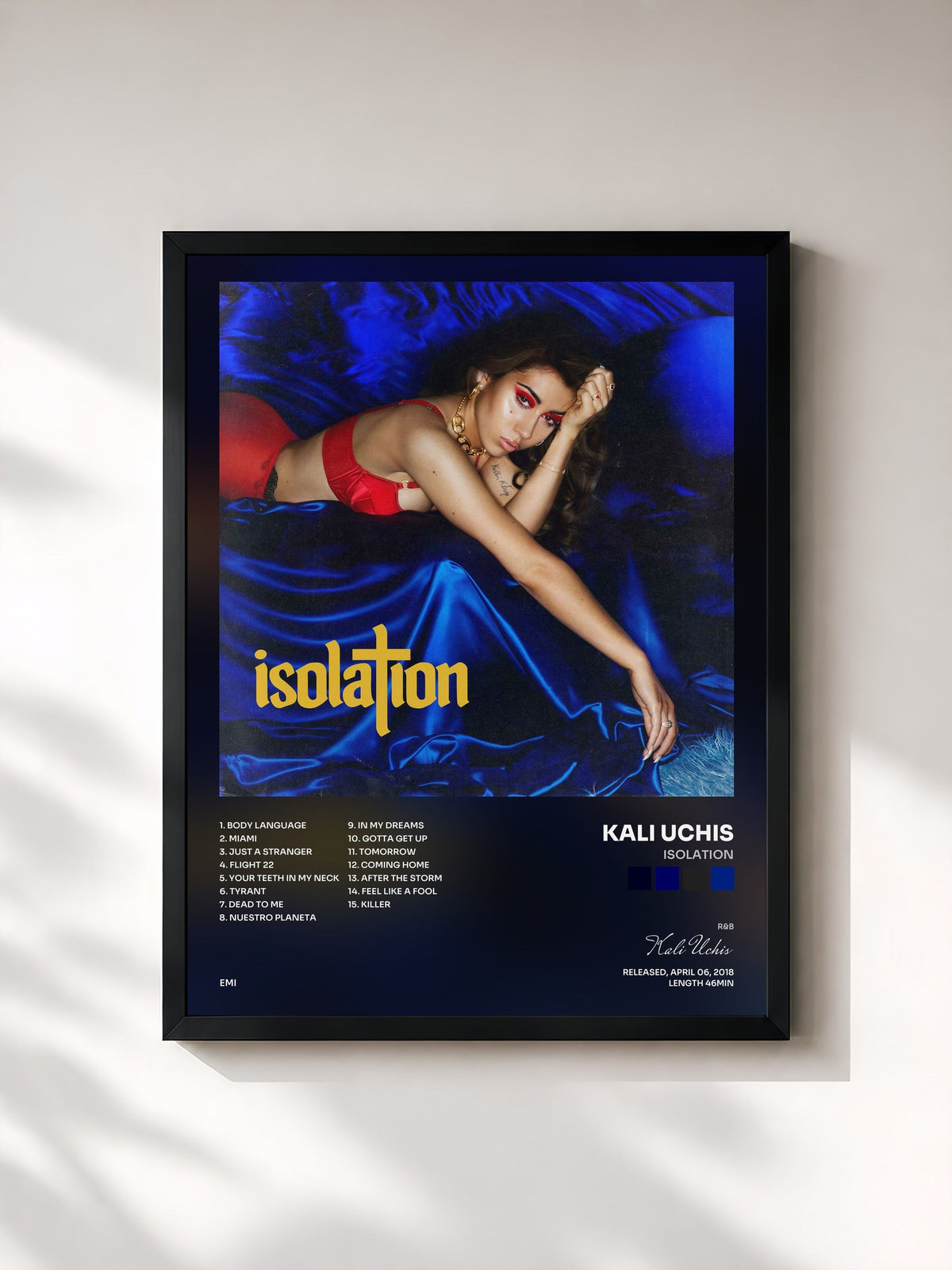 #noir Tableau de l'album Isolation de Kali Uchis, cadre noir, imprimé et encadré en France