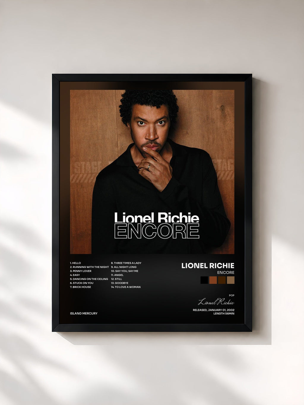 #noir Tableau de l'album Encore de Lionel Richie, cadre noir, imprimé et encadré en France