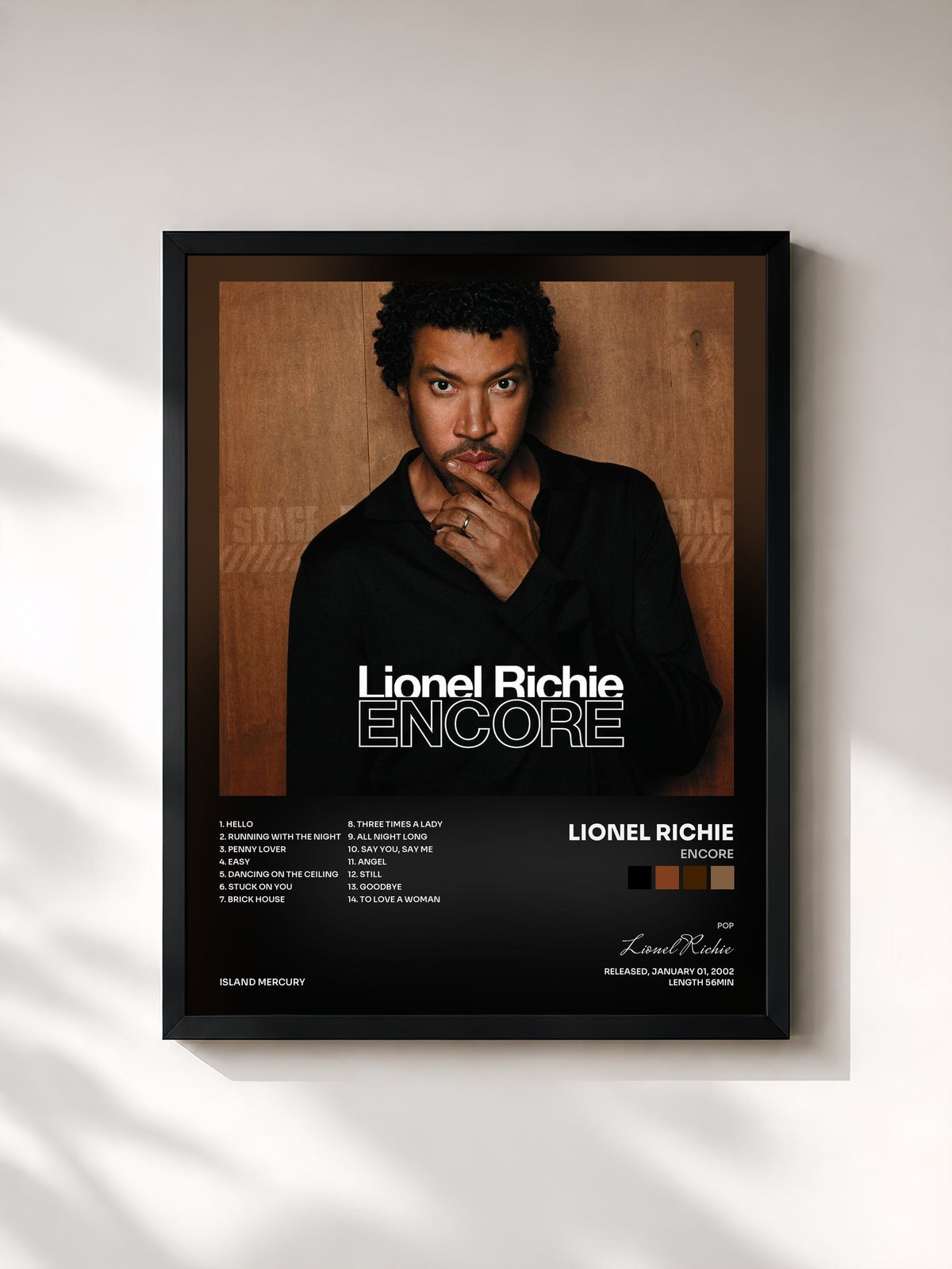 #noir Tableau de l'album Encore de Lionel Richie, cadre noir, imprimé et encadré en France