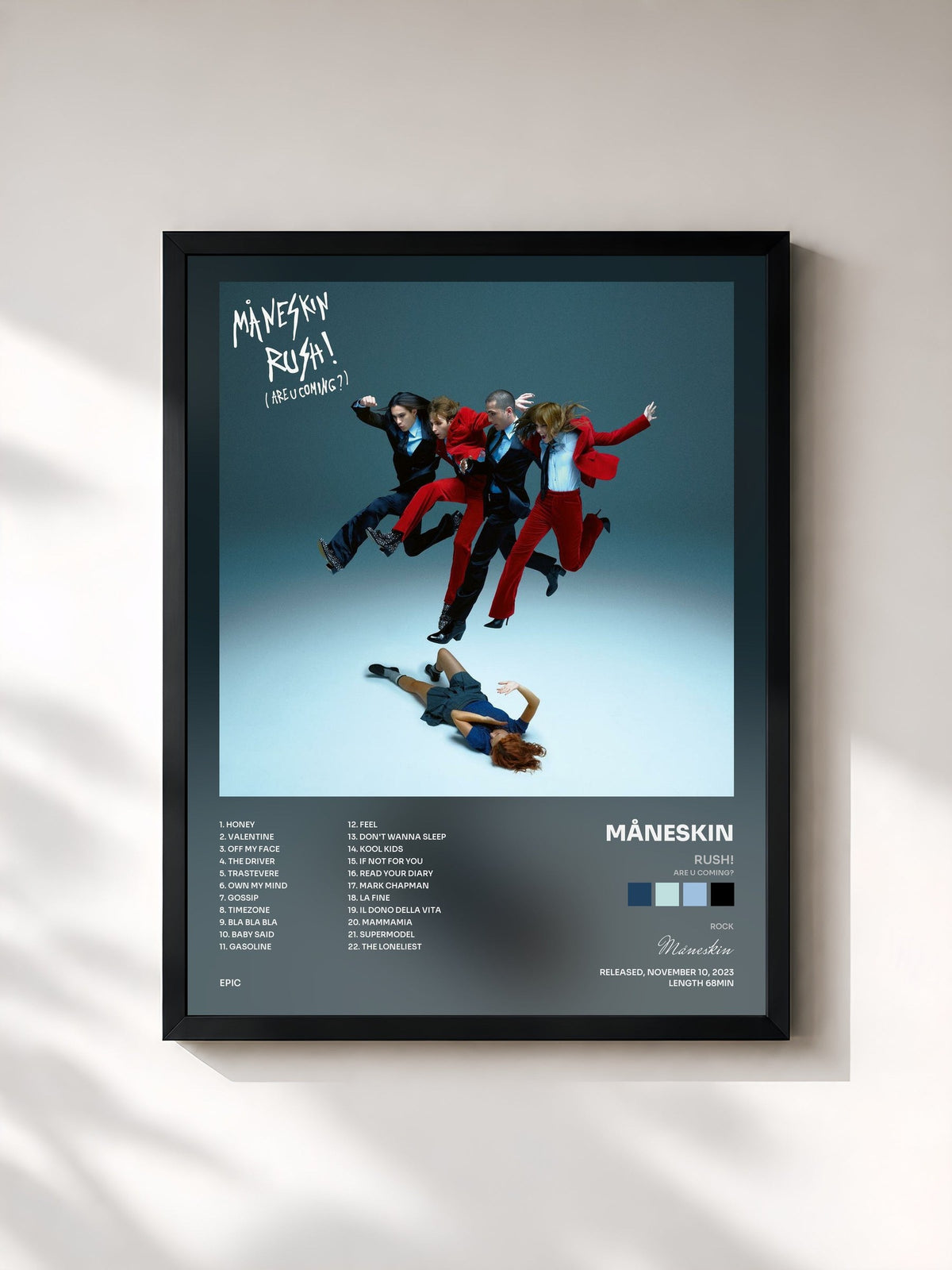 #noir Tableau de l'album RUSH! (ARE U COMING?) de Måneskin, cadre noir, imprimé et encadré en France