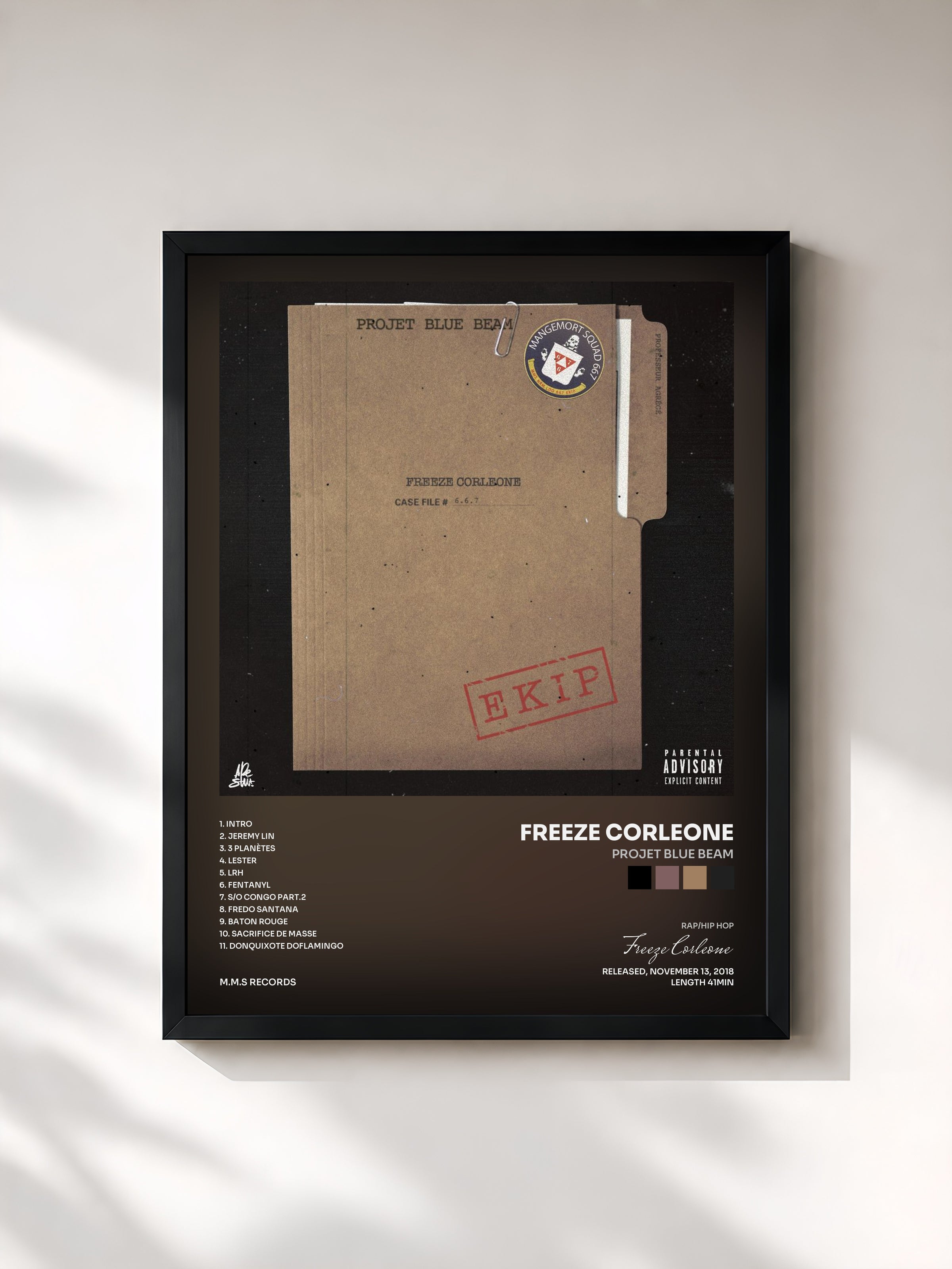 #noir Tableau de l'album Projet Blue Beam de Freeze Corleone, cadre noir, imprimé et encadré en France