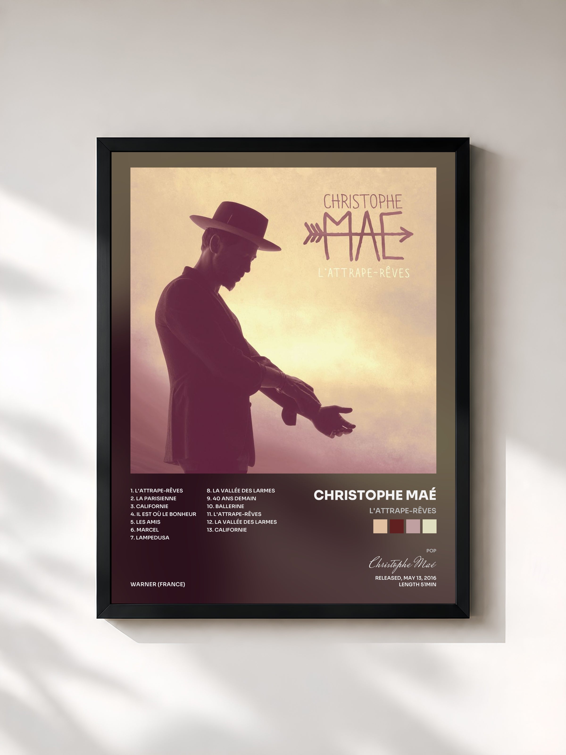 #noir Tableau de l'album L'attrape-rêves de Christophe Maé, cadre noir, imprimé et encadré en France