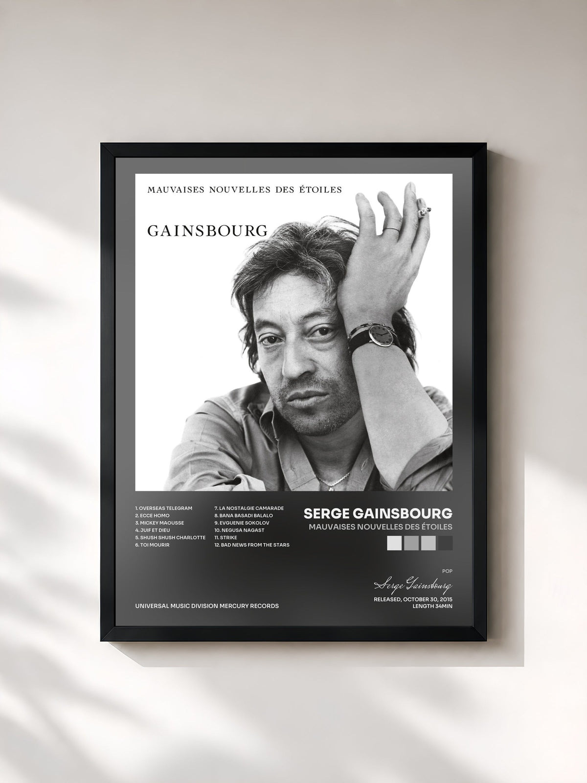 #noir Tableau de l'album Mauvaises nouvelles des étoiles de Serge Gainsbourg, cadre noir, imprimé et encadré en France