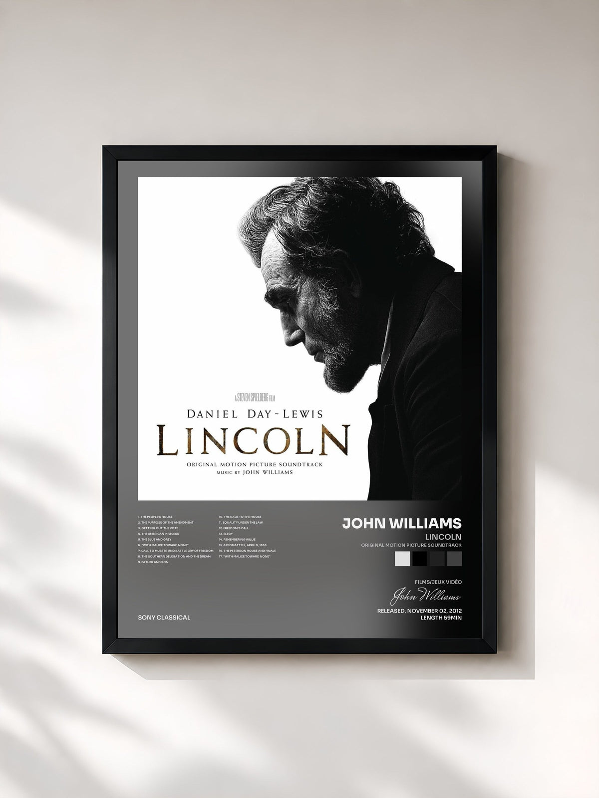 #noir Tableau de l'album Lincoln (Original Motion Picture Soundtrack) de John Williams, cadre noir, imprimé et encadré en France