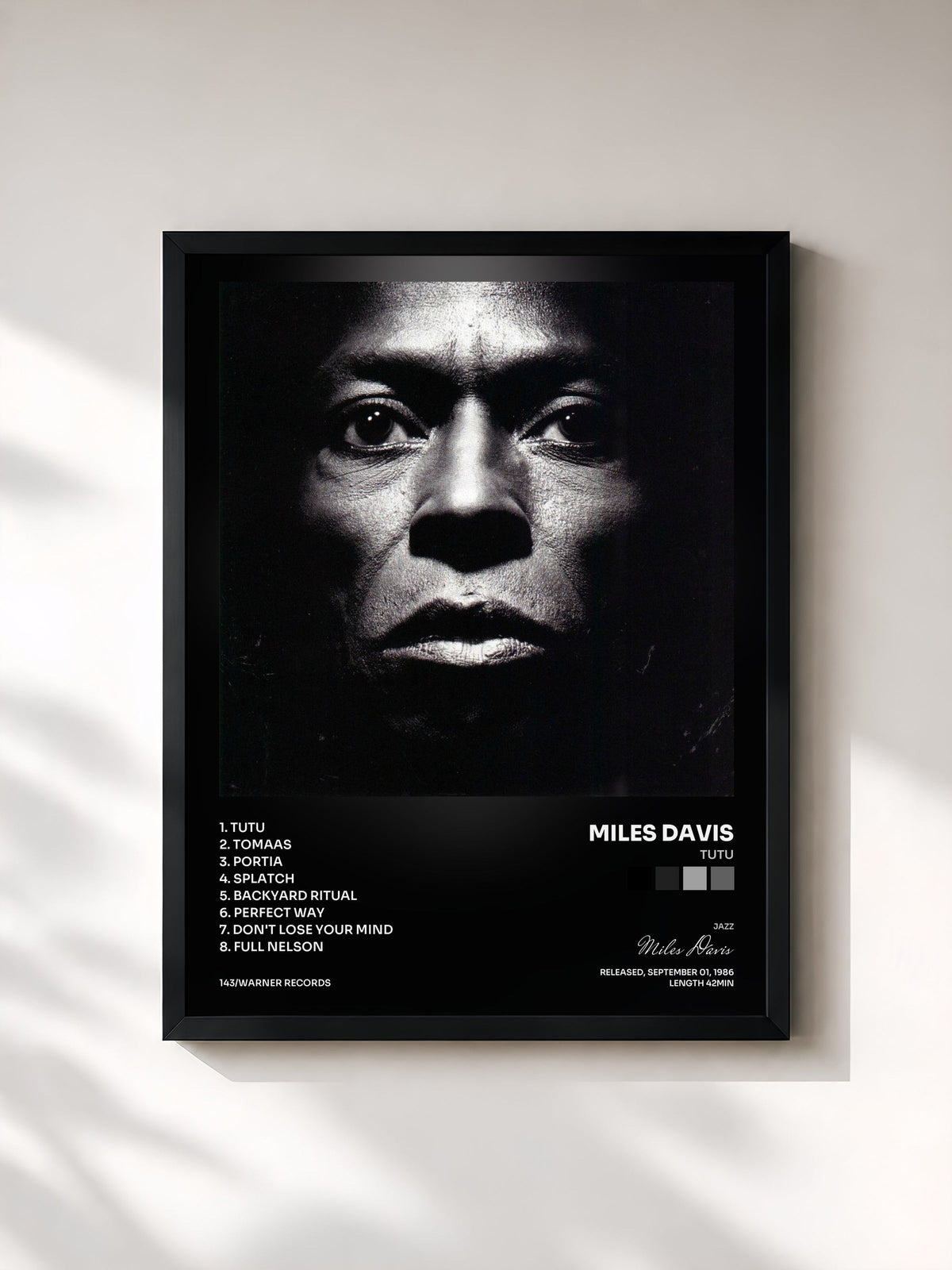 #noir Tableau de l'album Tutu de Miles Davis, cadre noir, imprimé et encadré en France